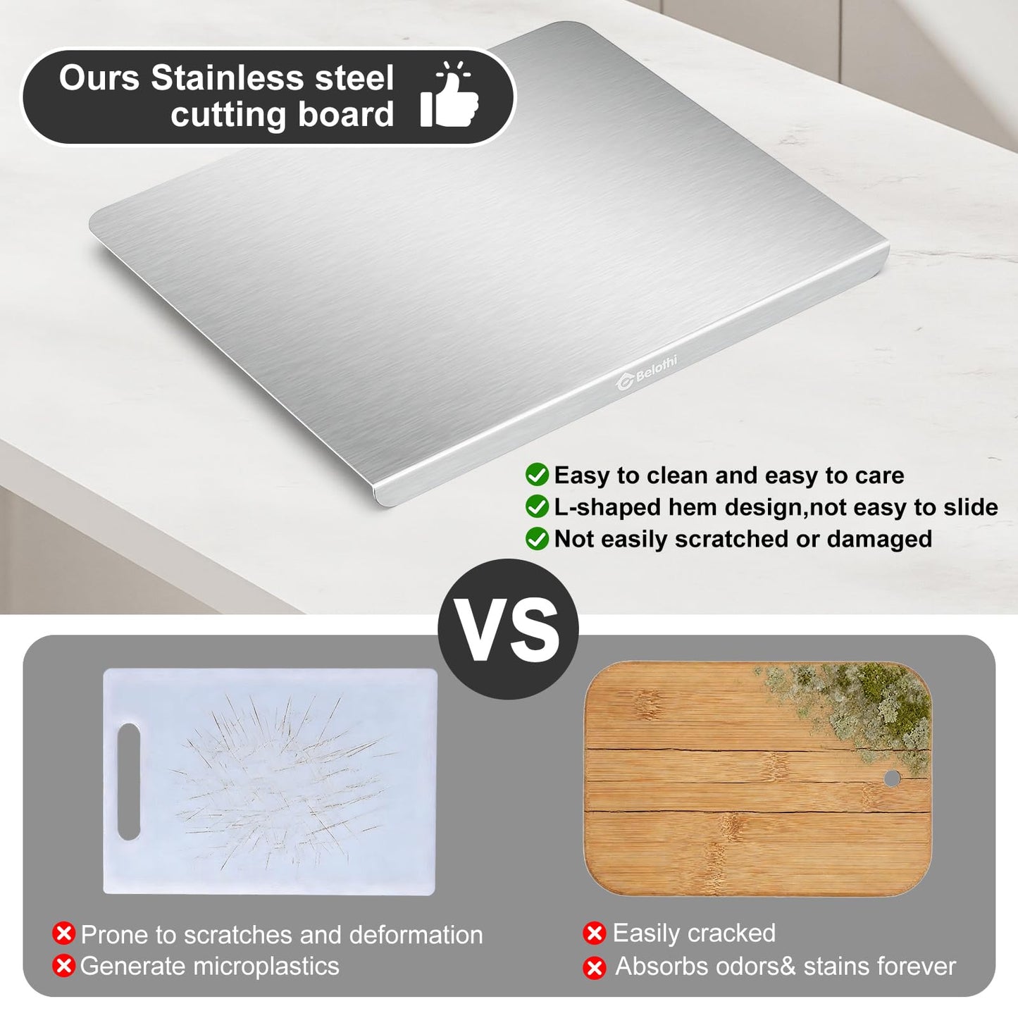 Stainless Steel Cutting Board with Lip, Large Metal Chopping Board with Counter Edge, Dishwasher Safe Non-Slip Pastry Board for Meat Vegetables & Baking(18x14)
