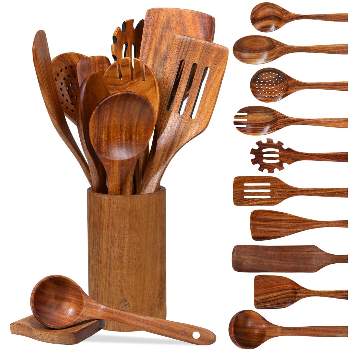Vorisebo 12 Piece Wooden Spoons for Cooking, Natural Teak Wooden Utensils Set, Handmade Wood Kitchen Utensil Set with Holder and Spoon, Durable Nonstick, Comfort Grip Wood Cookware Tool