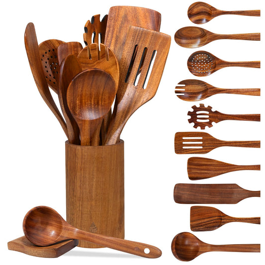 Vorisebo 12 Piece Wooden Spoons for Cooking, Natural Teak Wooden Utensils Set, Handmade Wood Kitchen Utensil Set with Holder and Spoon, Durable Nonstick, Comfort Grip Wood Cookware Tool