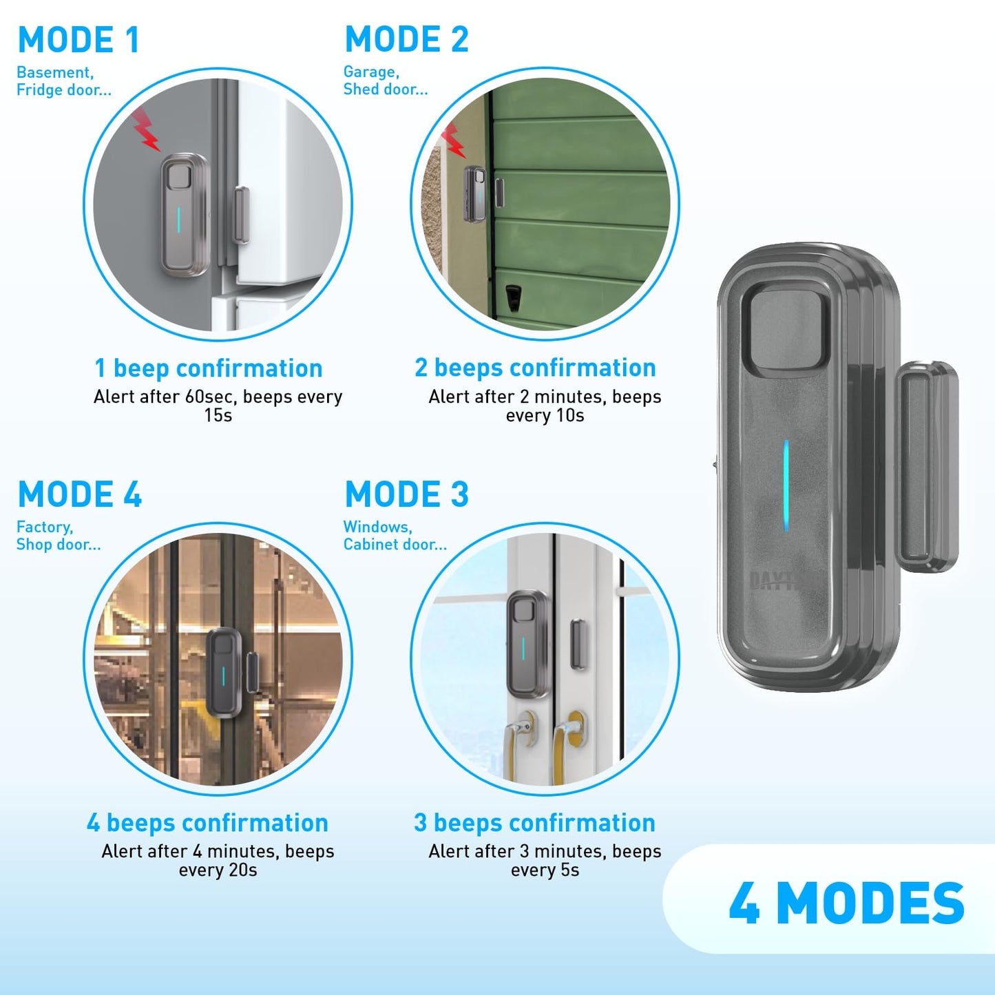 Daytech Refrigerator & Freezer Door Alarm - 1-4 Minute Adjustable Delay, 0-120dB Alarm, 3-Pack for Home, Supermarket & Business (Grey)