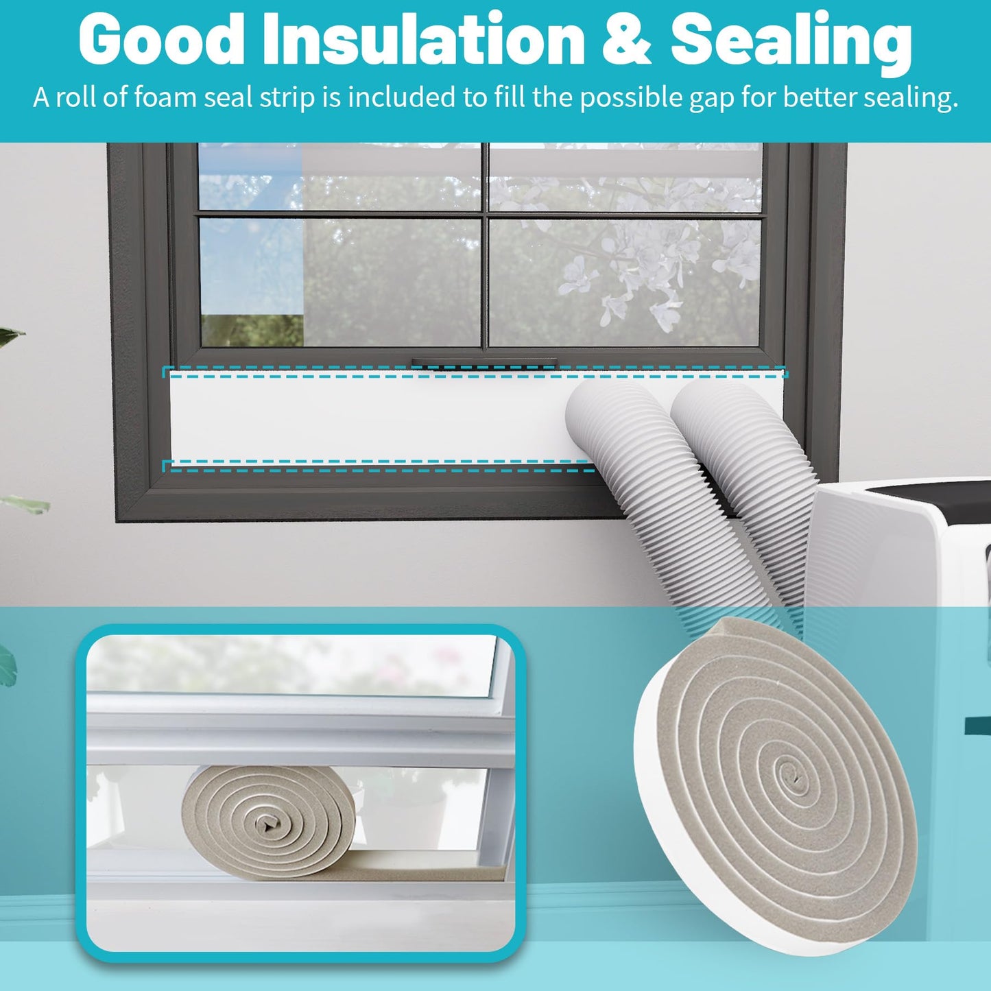 Chiligent Dual Hose Portable Air Conditioner Window Kit, 5.9" Diameter Portable AC Window Vent Kit with Foam Seal Strip, Adjustable Window Seal Plates for Vertical & Horizontal Windows, White