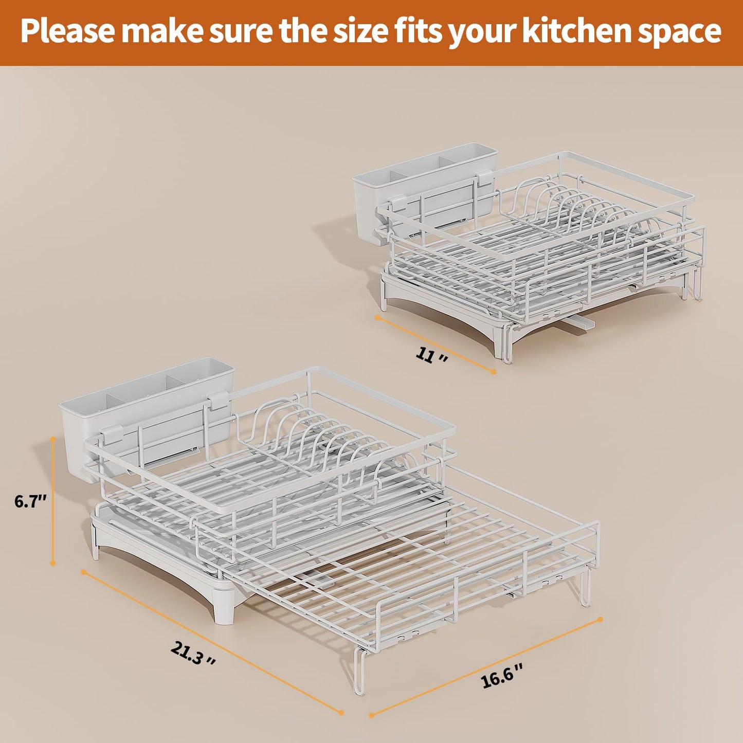 Laveshop Dish Drying Rack - Expandable Rack, Large Capacity Dish Drainer for Kitchen Counter, Rust-Proof with Utensil Holder, Gray