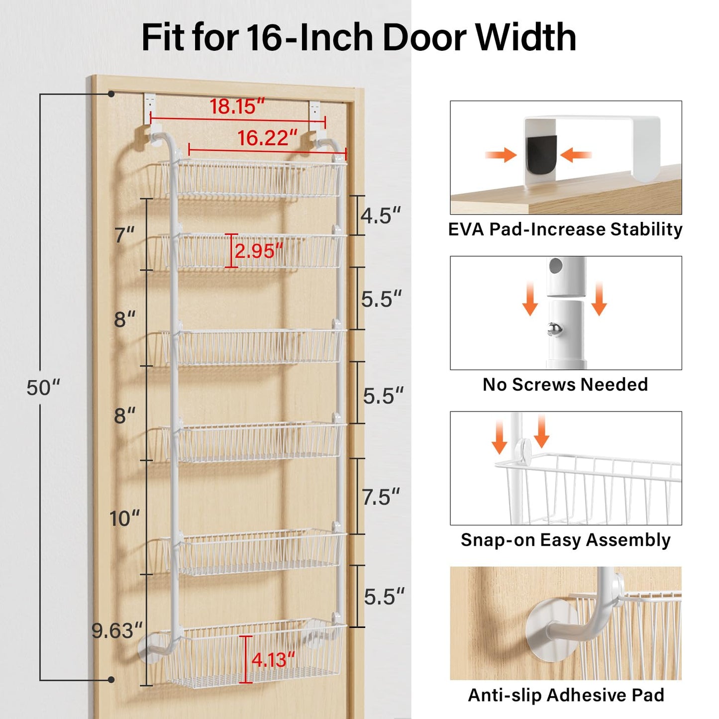 Delamu Large Over the Door Pantry Organizer, 6-Tier Metal Pantry Door Organization and Storage for Easy Install, Hanging Spice Rack Seasoning Shelves for Cabinet & Kitchen, D6.7xW17.5xH53.7 in, White
