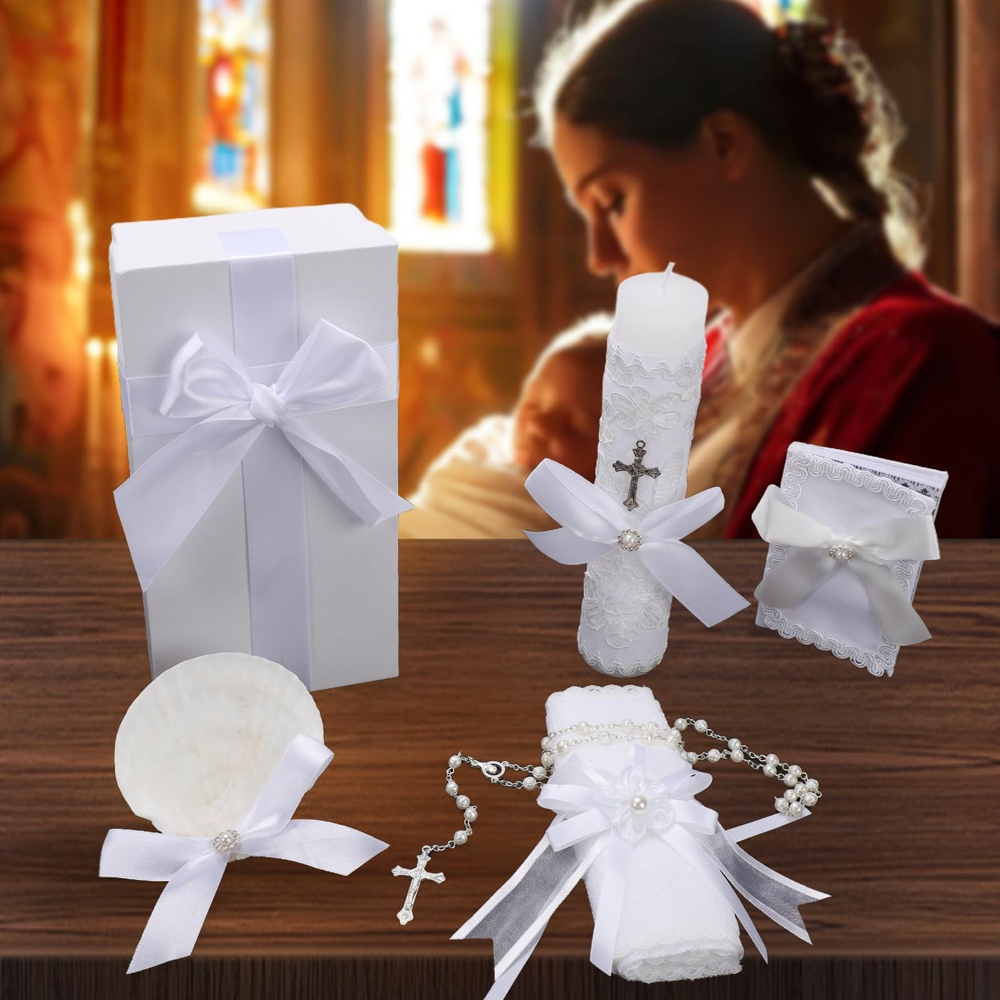 Baptism Candle Set for Boys and Girls,White 5 PCS Baptism Kit Catholic Candle,Baptismal Towel,Shell,Rosary,Bible for Baptismal Christening First Communion Gift,Velas para Bautizo De Niño o Niña