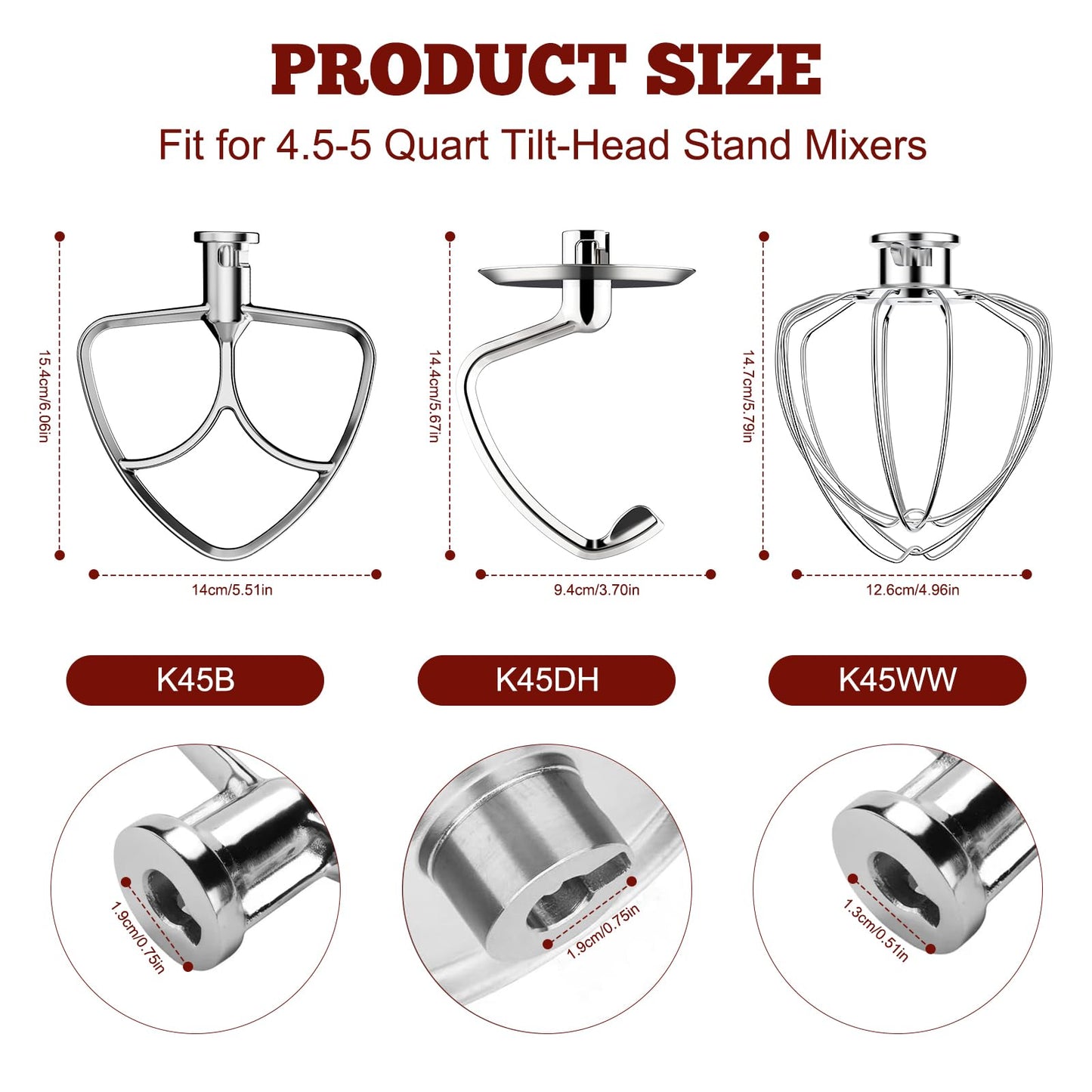 Stainless Steel Mixer Attachments for KitchenAid 4.5-5 Qt Tilt-Head Stand Mixer, Dishwasher Safe Set with Wire Whip, Dough Hook and Flat Beater, Heavy Duty Replacement Accessories for Baking