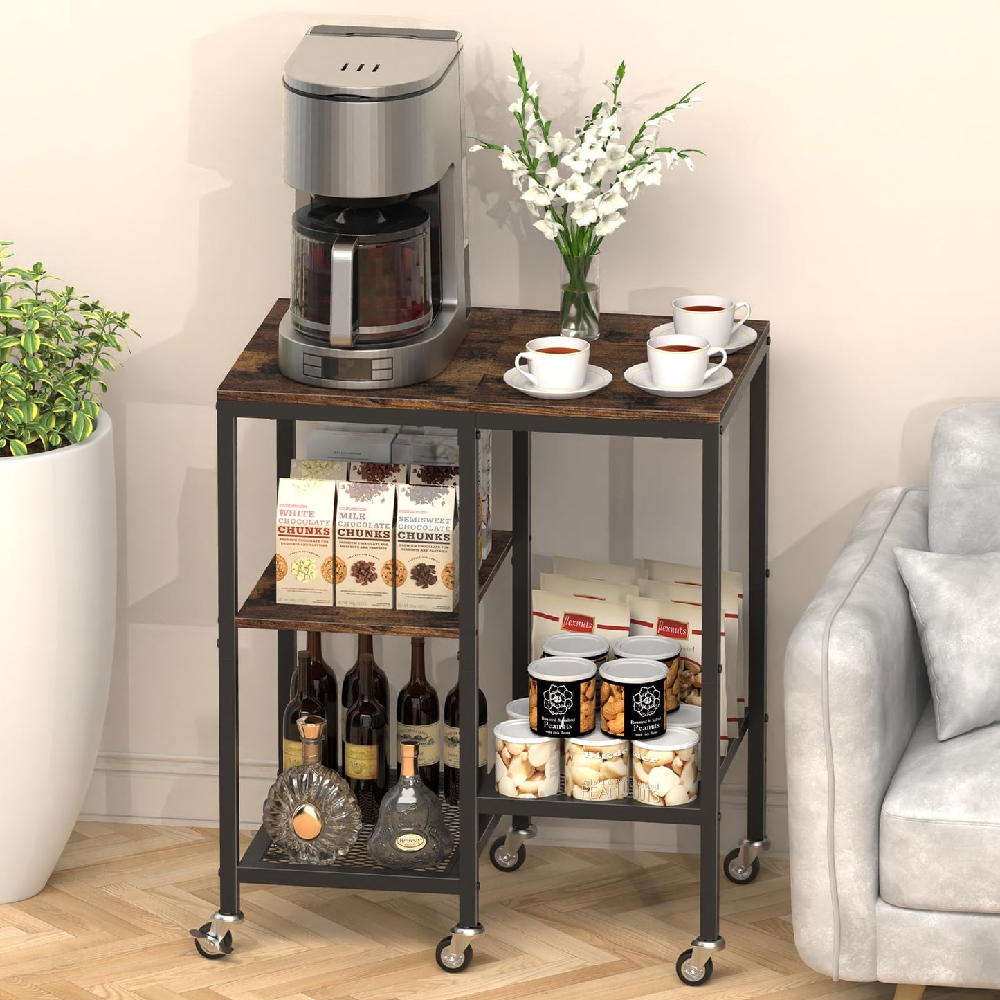 OGEMXU Kitchen Microwave Cart,Microwave Stand with Wheels,Coffee Bar Table Station,4-Tier Rolling Baker's Rack,Small Appliance Storage Shelf,Utility Side Table for Kitchen,Living Room (Rustic Brown)
