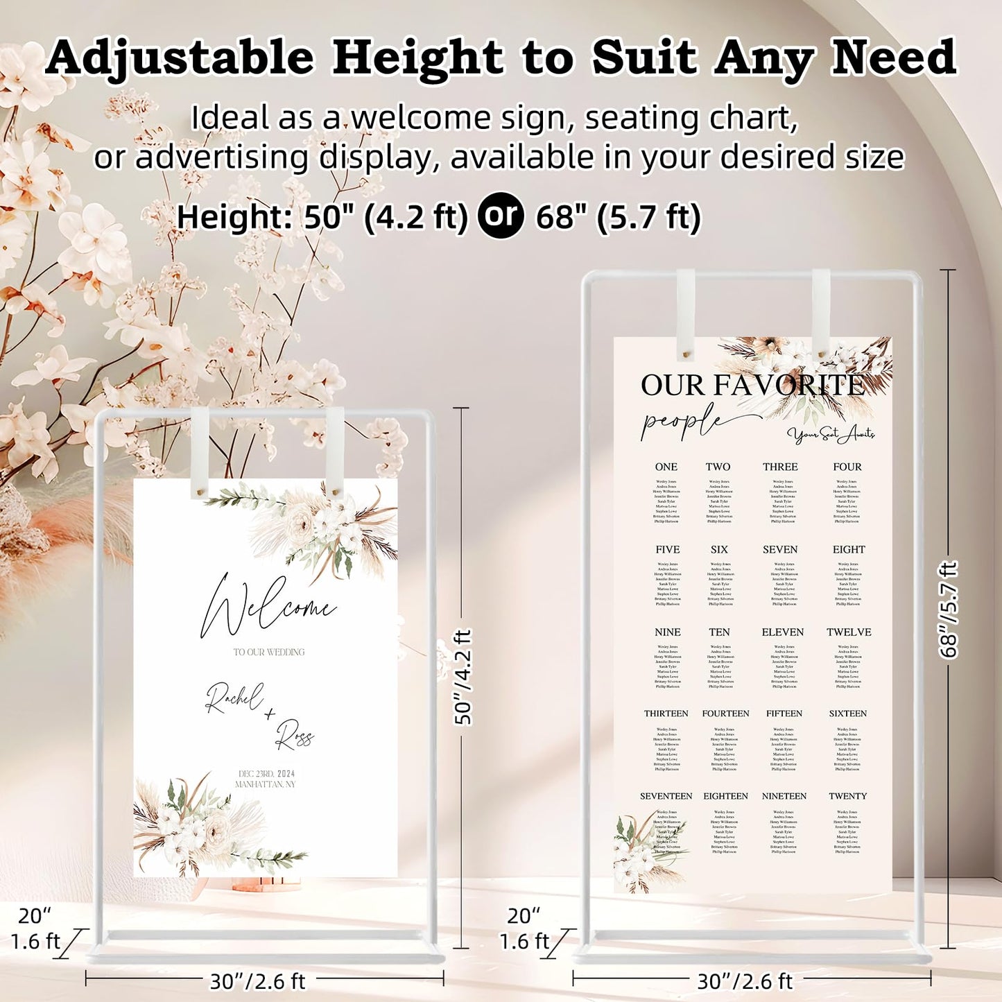 Wedding Sign Holder, Adjustable Welcome to Our Wedding Sign Stand W/Design Bundle & Leather Sign Hanging Straps, Heavy Duty Easel Stand for Sign, Wedding Seating Chart Stand, Easel for Display (White)