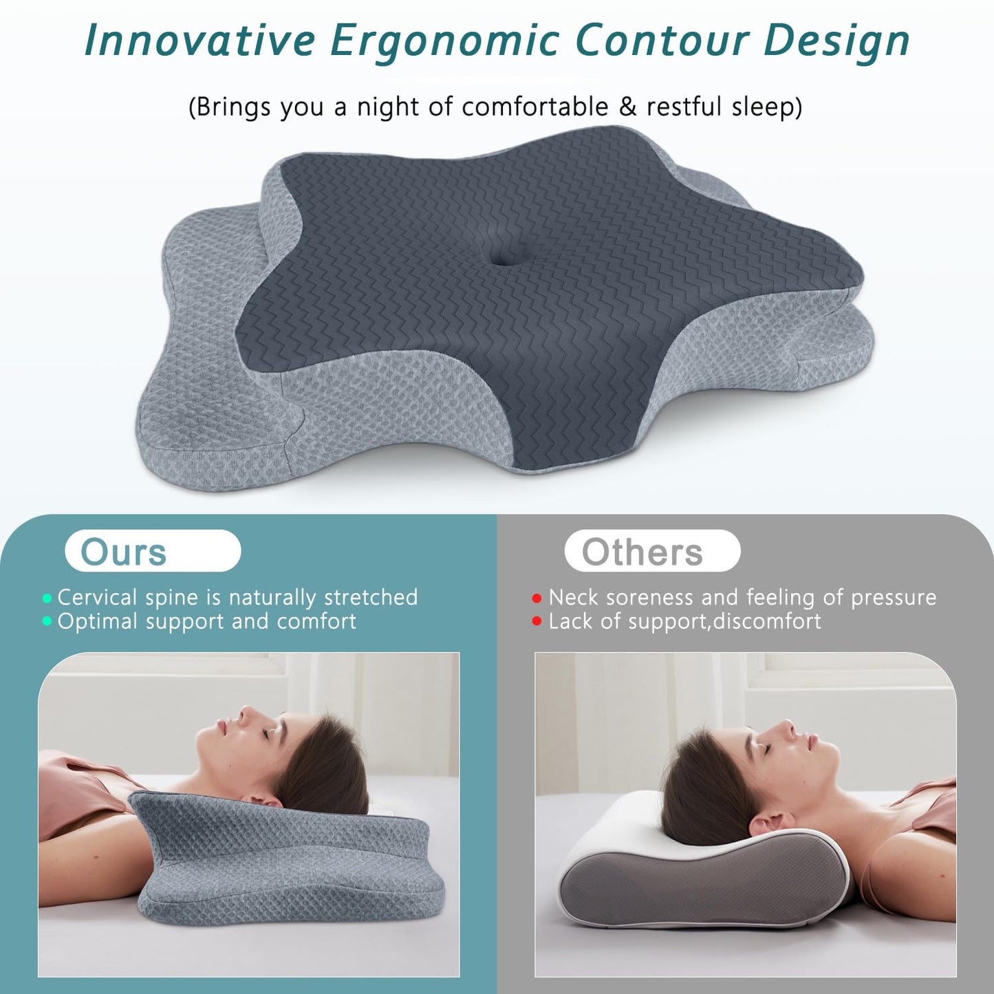 CHxxy Cervical Pillow for Neck Pain Relief, Memory Foam Pillows, Ergonomic Contour Bed Pillow, Soft for Side Sleep Stomach Sleeping and Back Sleepers-Queen Size Grey&Grey