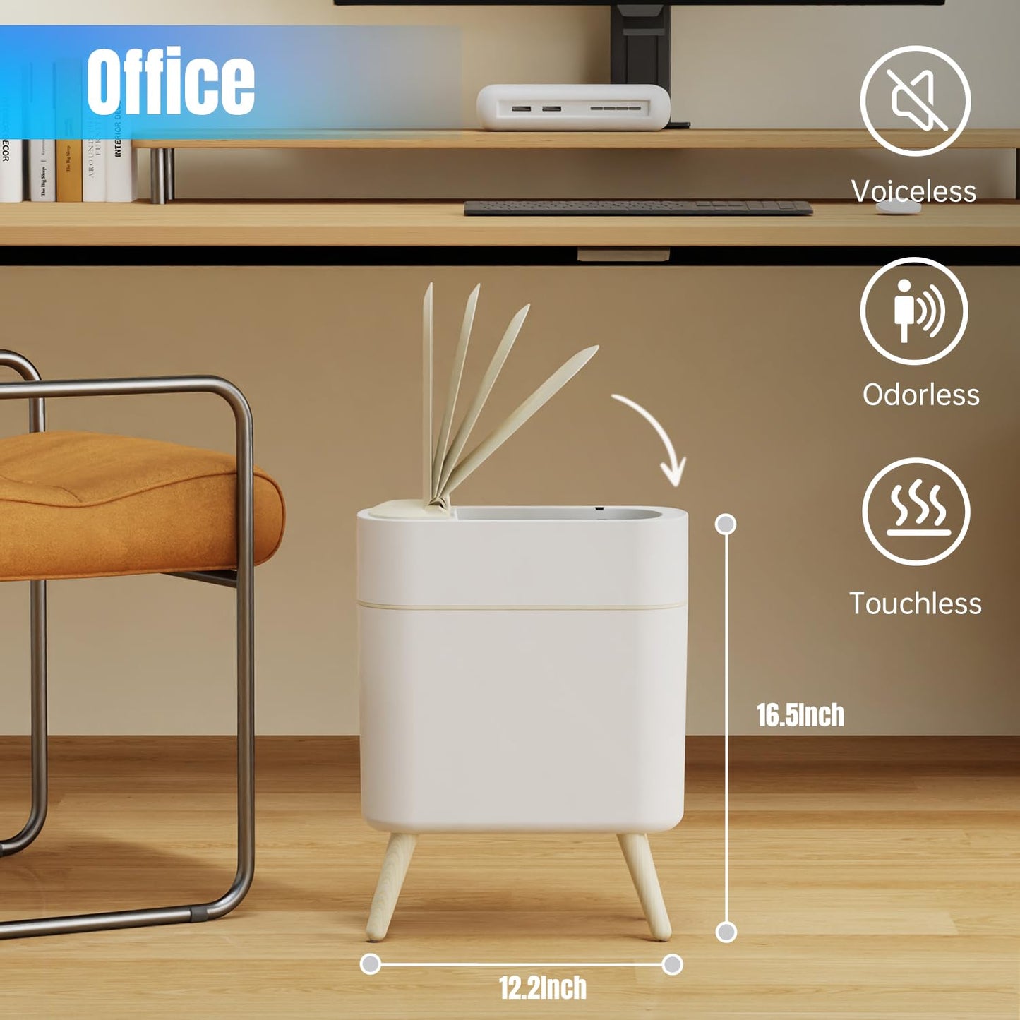 Yatmung Motion Sensor Bathroom Trash Can with Lid 2.5 Gal Smart Trash Bin - Waste Basket for Bedroom, Office, Living Room - Slim Bathroom Garbage Can Automatic Touchless - White with Wooden Legs