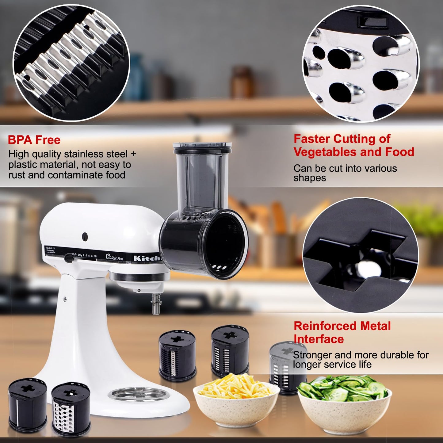 Slicer & Shredder Grater Attachment Compatible with KitchenAid Stand Mixer, 5 Blades Cheese Grater Attachment,Salad Machine with Vegetable Slicer, Salad Maker