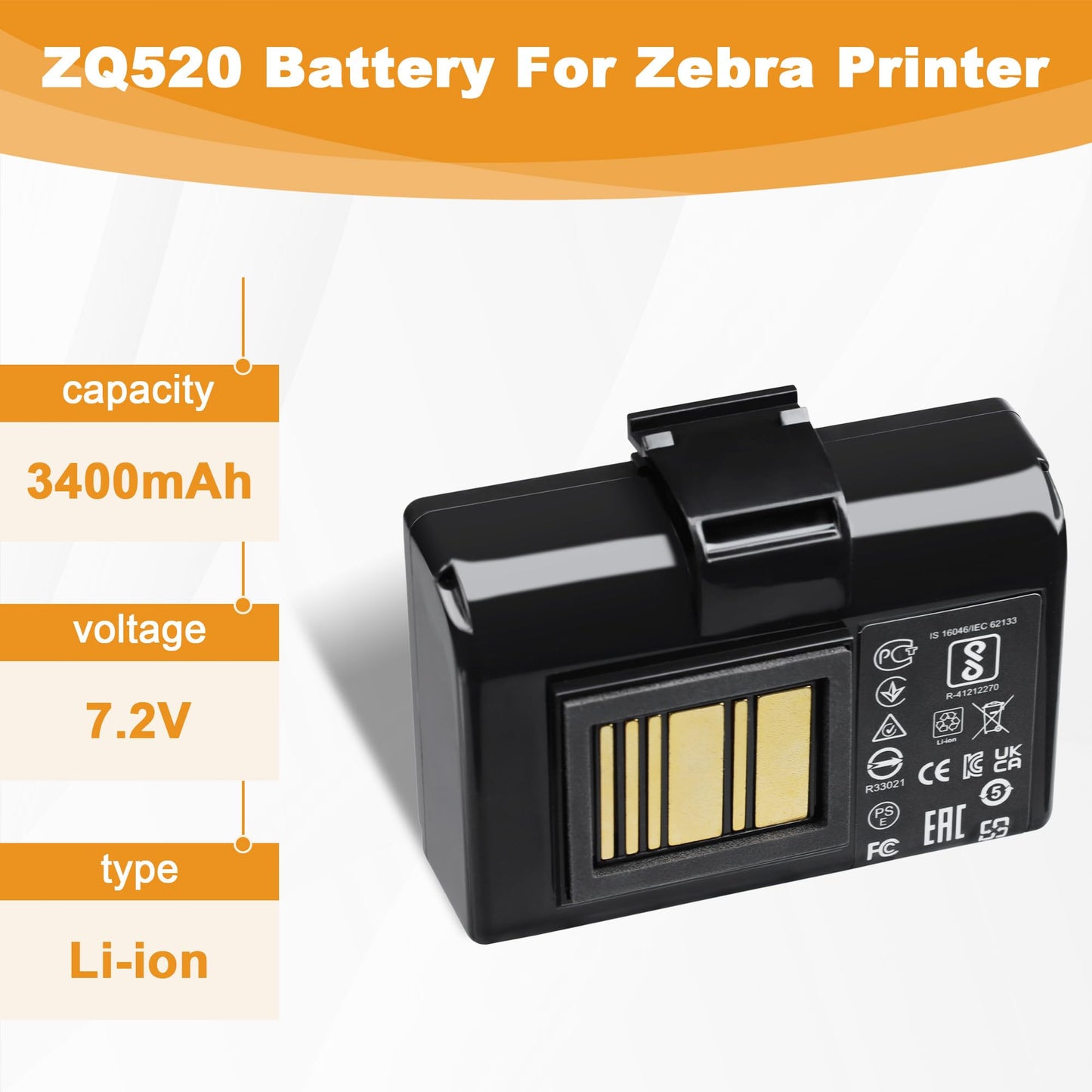 for Zebra Printer ZQ520 Battery Replacement: ZQ520 ZQ620 ZQ510 QLN320 QLN220 QLN220HC QLN320HC ZQ500 ZQ521 ZR628 ZR638 ZQ610 ZR658 ZR668 Lithium Battery 3400mAh