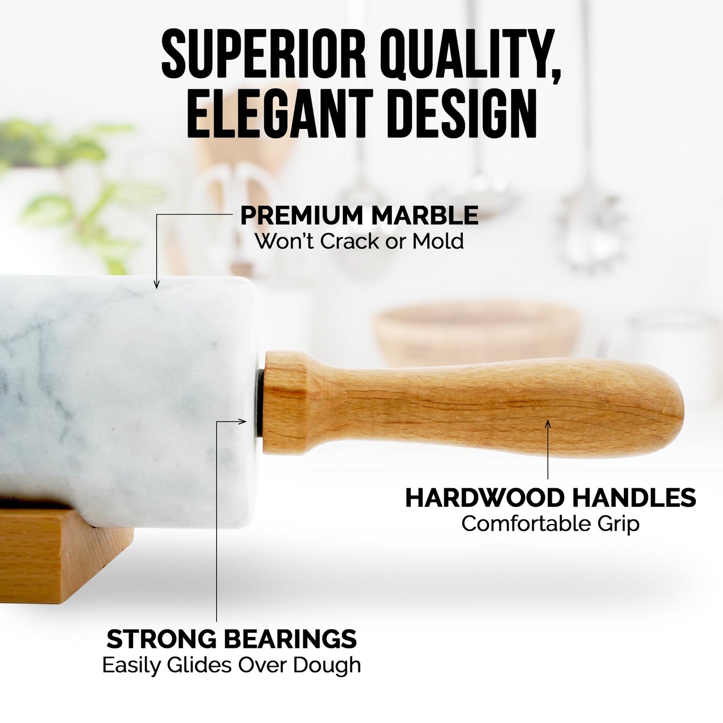 Zulay Kitchen 17-Inch Marble Rolling Pin With Stand - Polished Marble Rolling Pins For Baking With Long Beechwood Handle - Non-stick Roller Pin For Baking Pastries, Bread & Pizza