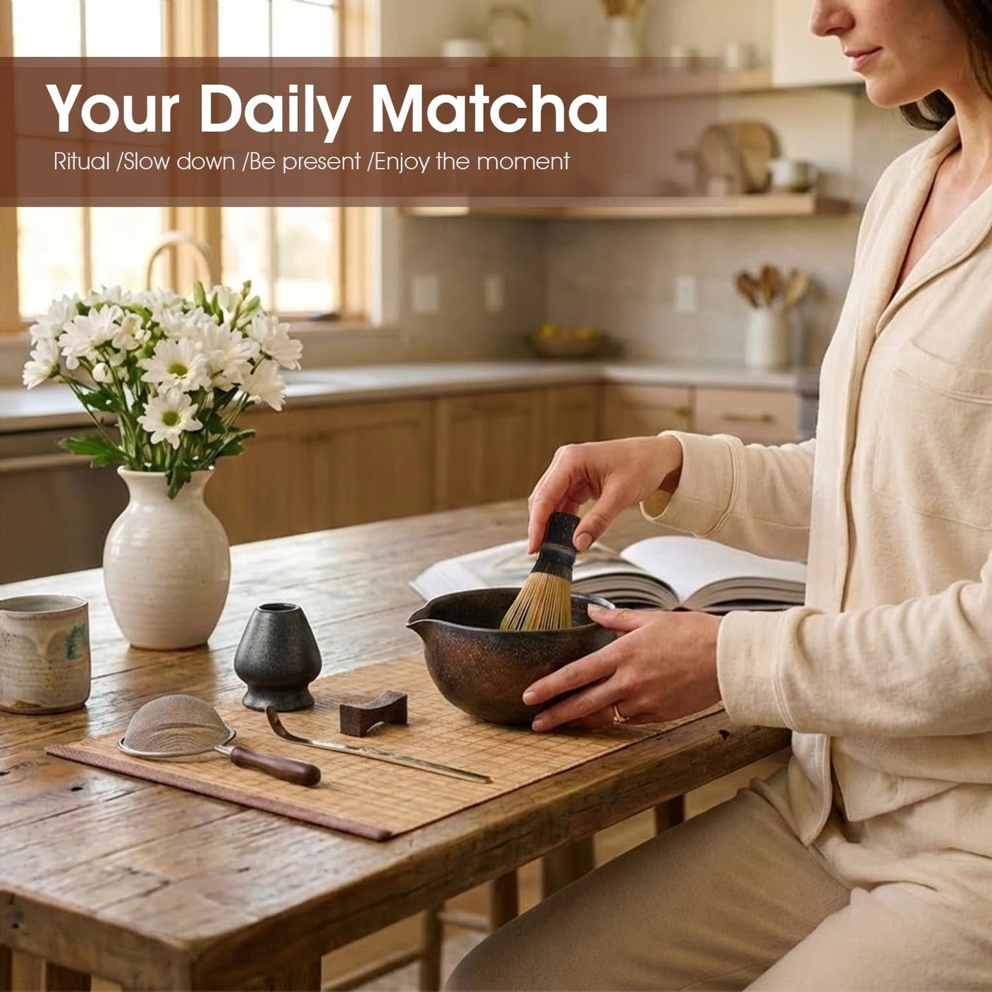 GleeNflux Matcha Whisk Set 7-Piece with Handmade Matcha Bowl & 100-Prong Purple Bamboo Whisk (Chasen), Complete Matcha Kit with Holder, Scoop & Rest, Bamboo Tea Mat, Gift-Ready Matcha Set