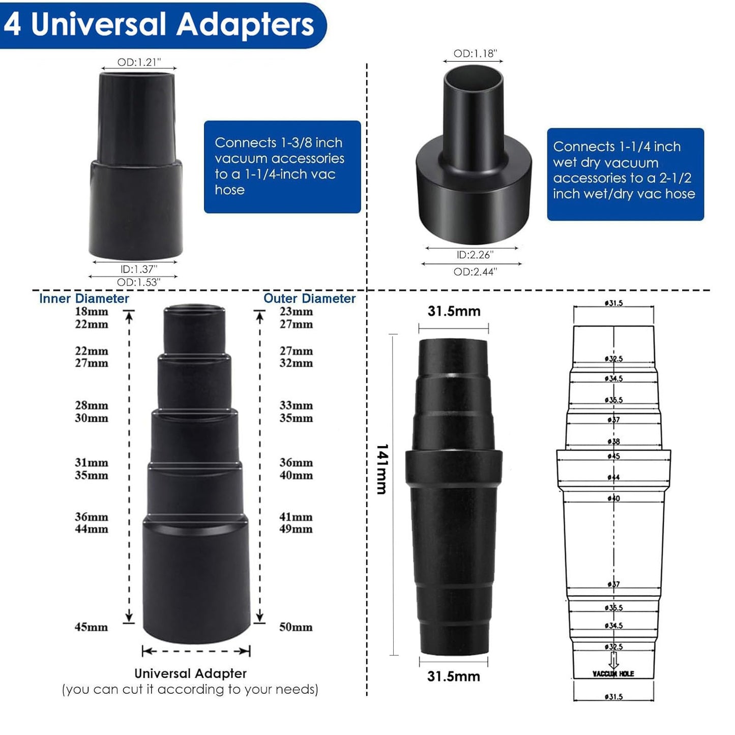 Alrens 14 PCS Universal Vacuum Attachments & Brushes Kit for Shop Vac Accessories & Household Cleaning, Includes 4 Vacuum Hose Adapters, 3 Vacuum Extension Wands & Flexible Crevice Tool