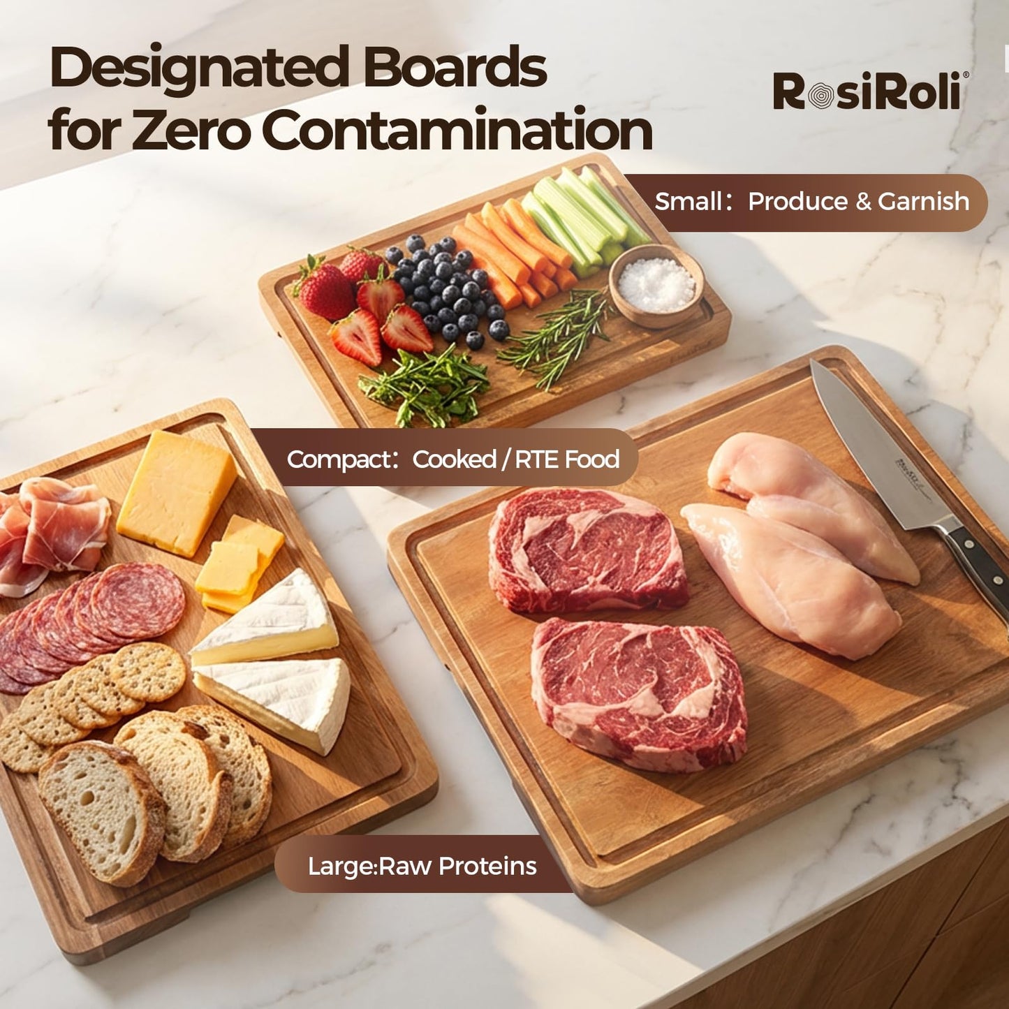 RosiRoli Acacia Wood Cutting Board for Kitchen, Set of 3 - Durable Thick Chopping Boards with Juice Grooves & Handles for Prep & Serving, Impressive Gift for Housewarming, Kitchen Gifts for Mom