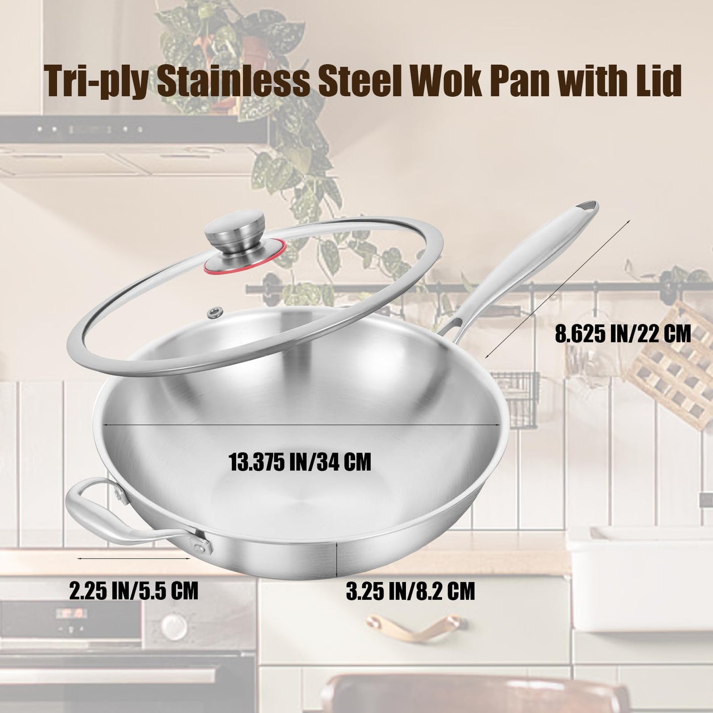 LOLYKITCH 13 Inch Stainless Steel Wok with Glass Lid, Tri-Ply Stir Fry Pan with Detachable Handle, Uncoated Cooking Wok for Induction & Glass, Flat Bottom, SGS Certified Cookware