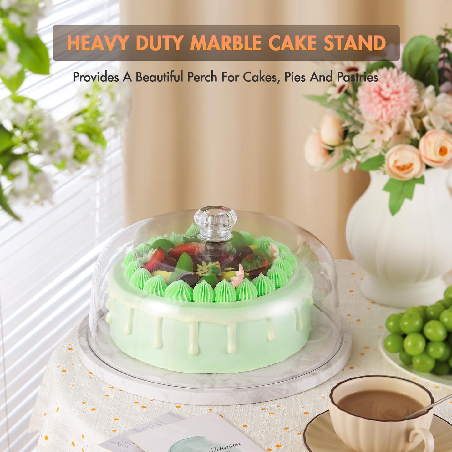 Marble Cake Stand with Dome，11.8in White Marble Dessert Stand with Acrylic Lid Cover，Heavy Duty Stone Serving Display Plate for Cakes，Cheese，Pastry，Stone Platter for Birthday/Kitchen/Party/Wedding