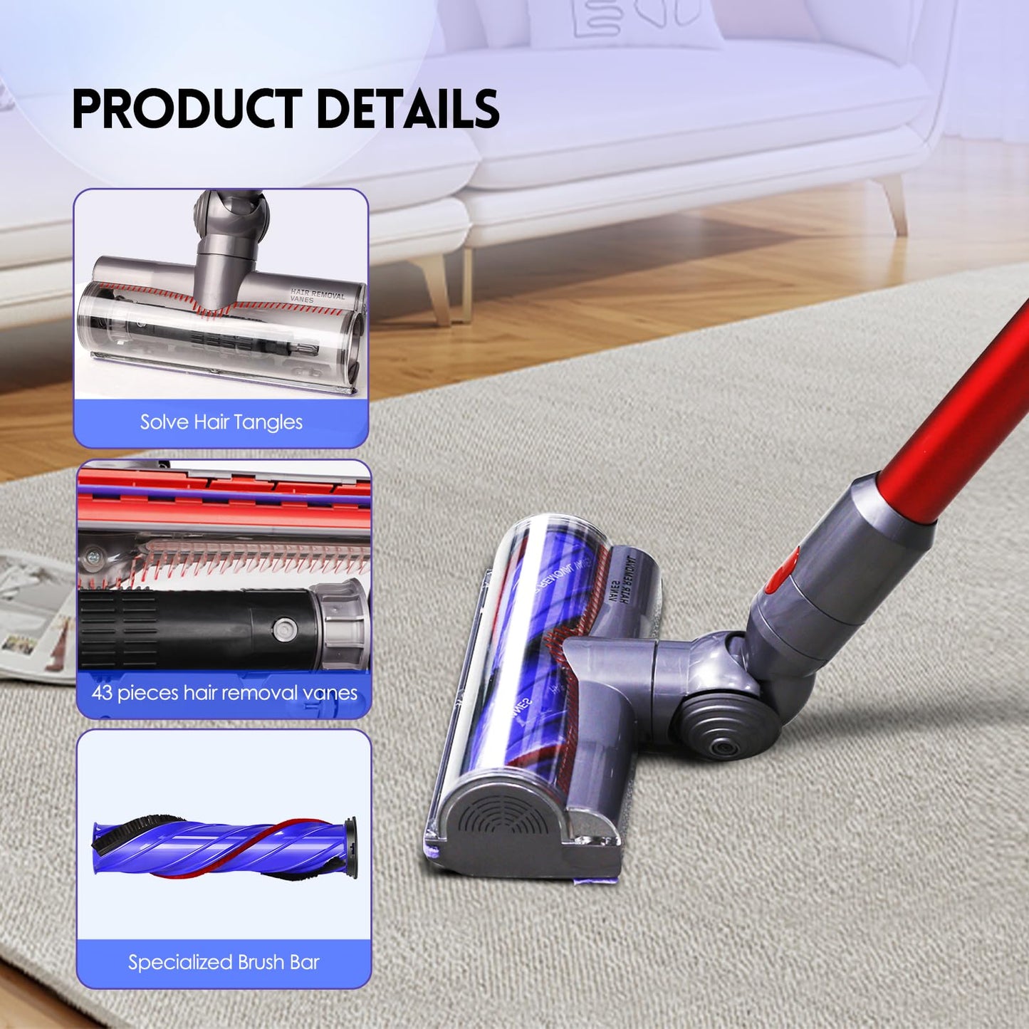 OTTWL Upgrade Anti-Tangle Replacement Vacuum Head Compatible with Dyson V8, Cyclone V10,V11,V15 Cordless Vacuum Cleaners, Suitable for Thin Carpets, Hardwood Floor