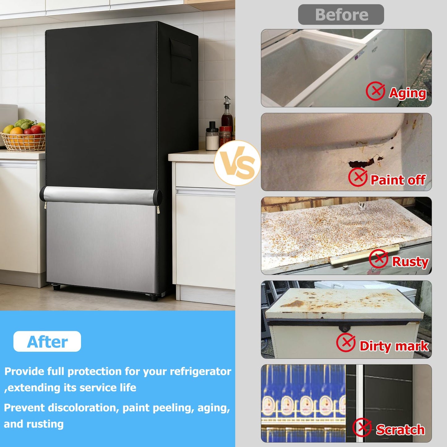 Dalema Outdoor Refrigerator Cover,600D Heavy Duty 100% Waterproof Upright Freezer Cover,Outside Stand Up Fridge Covers.Front Can Be Rolled-Up by Zippers.(Black,33" W x 33" D x 67" H)