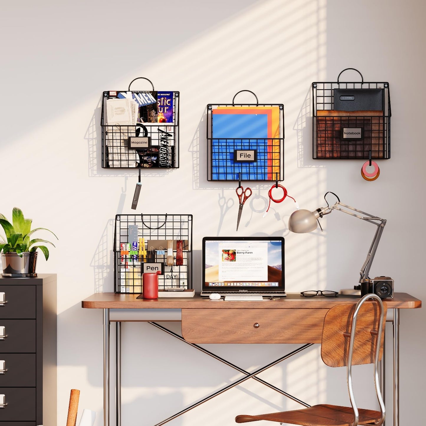 Yuzehuaza Hanging Wall File Holder Organizer Metal Wall Mount File Folders Holder Magazine Rack with Handles and Hooks , for Home Office, 4 Packs, Black (Patent Pending)