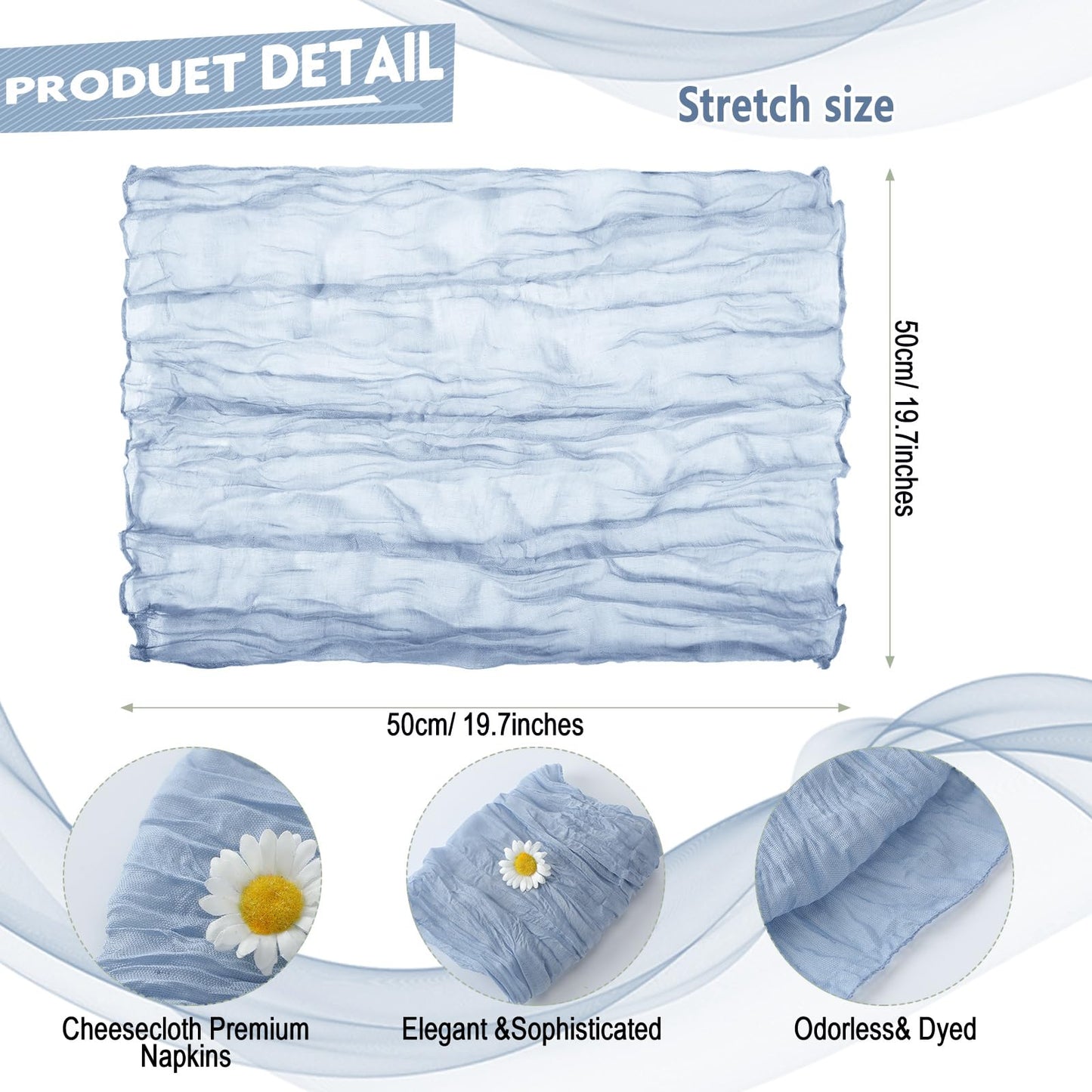 100 Pieces Gauze Cheesecloth Napkins 19.7 x 19.7 Inch Dinner Cloth Napkins with Wrinkled Decorative Cloth Napkins for Home Wedding Rustic Table Decoration (Dusty Blue)