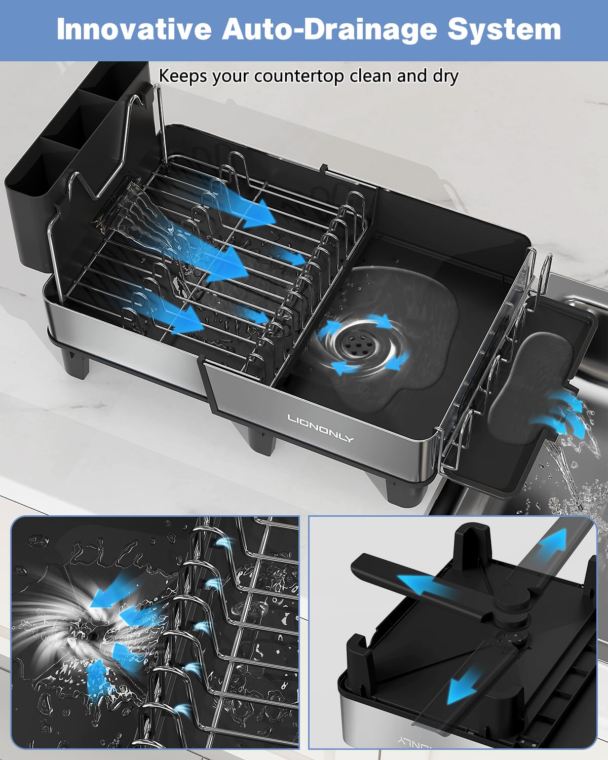 Dish Drying Rack, 304 Stainless Steel Exendable Dish Rack with Adjustable Drain Spout, Large Capacity Dish Drainer with Utensil Holder, Cup Holder and Cutting Board Rack for Kitchen Counter, Black