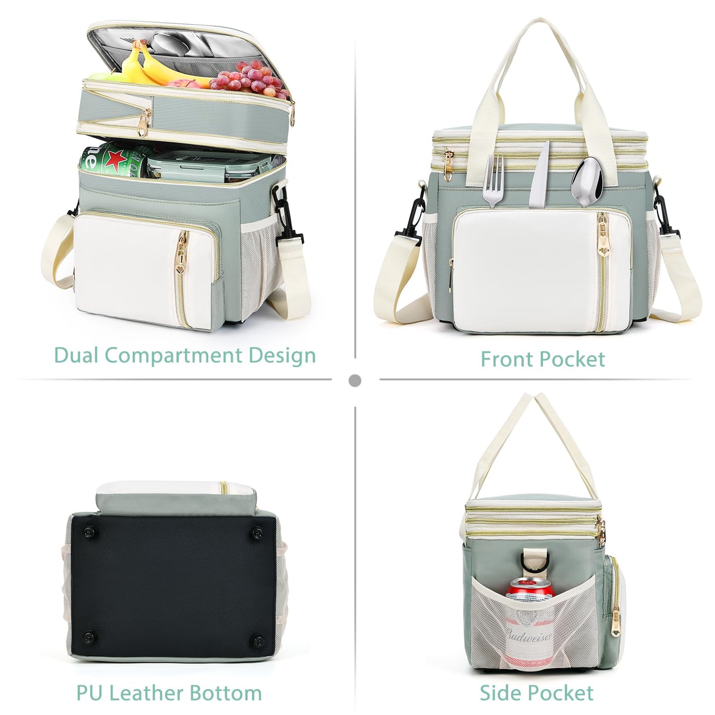 BAGNN Lunch Box for Women, Expandable Large Double Deck Insulated Lunch Bag with Strap, Lightweight Leakproof Cooler Tote Bag, Adult LunchBox for Work, Picnic, Beach & Travel, 16L, Olive Green & White