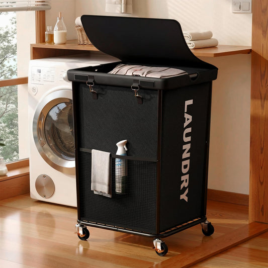 150L Laundry Basket with Wheels, Rolling Laundry Hamper with Cloth Cover, Laundry Cart with Metal Frame & Removable Bag, Large Dirty Clothes Hampers for Bedroom Aesthetic, Laundry Room Bathroom, Black