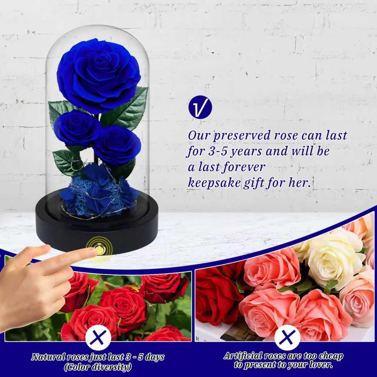 Vryblos 3 Preserved Flowers Roses in Glass Dome for Beauty and The Beast Decor Real Rosas Eternas for Women Mom Birthday,Forever Blue Roses for Delivery,Christmas for Wife Girlfriend Her