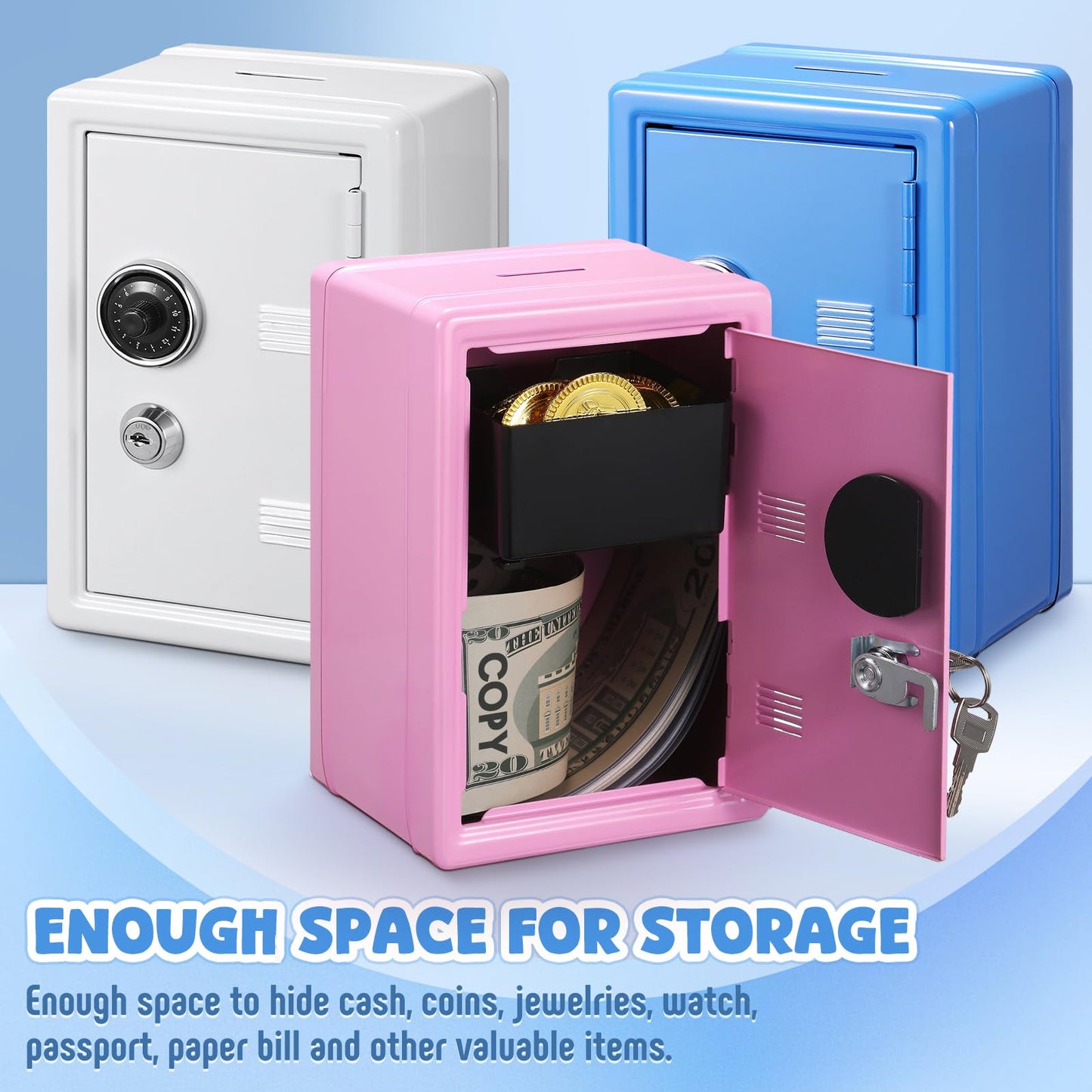 Zonon 3 Pcs Mini Safe Piggy Bank for Kids, Metal Locker Toy Safe Box for Boys Girls Money Cash Coin, Steel Money Saving Box with Lock 2 Keys Coin Tray 7. 1"x 4. 7"x 3. 9"(Blue, Pink, Ivory White)