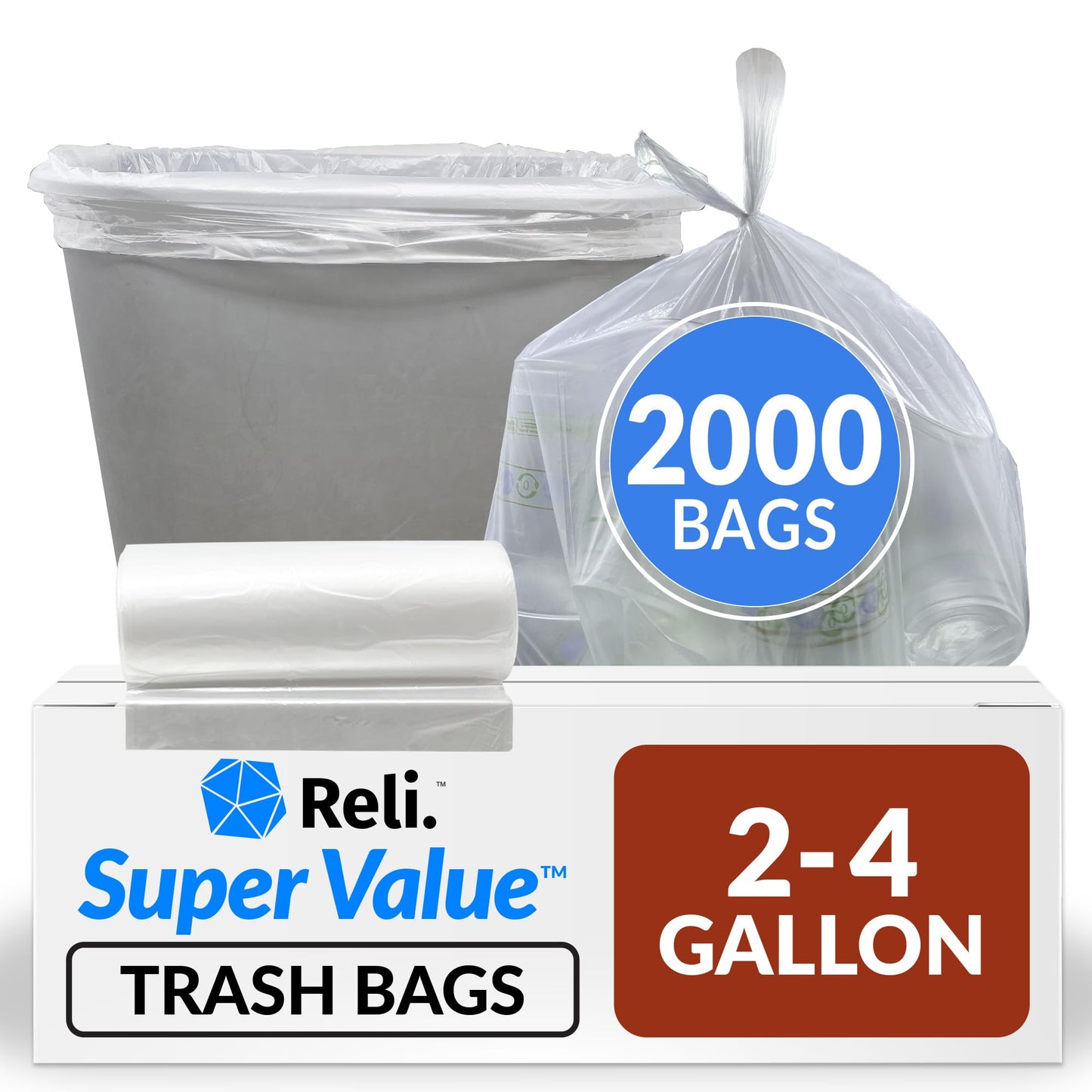 Reli. 2-4 Gallon Trash Bags | 2000 Bags | Clear | Bathroom | Strong | Garbage