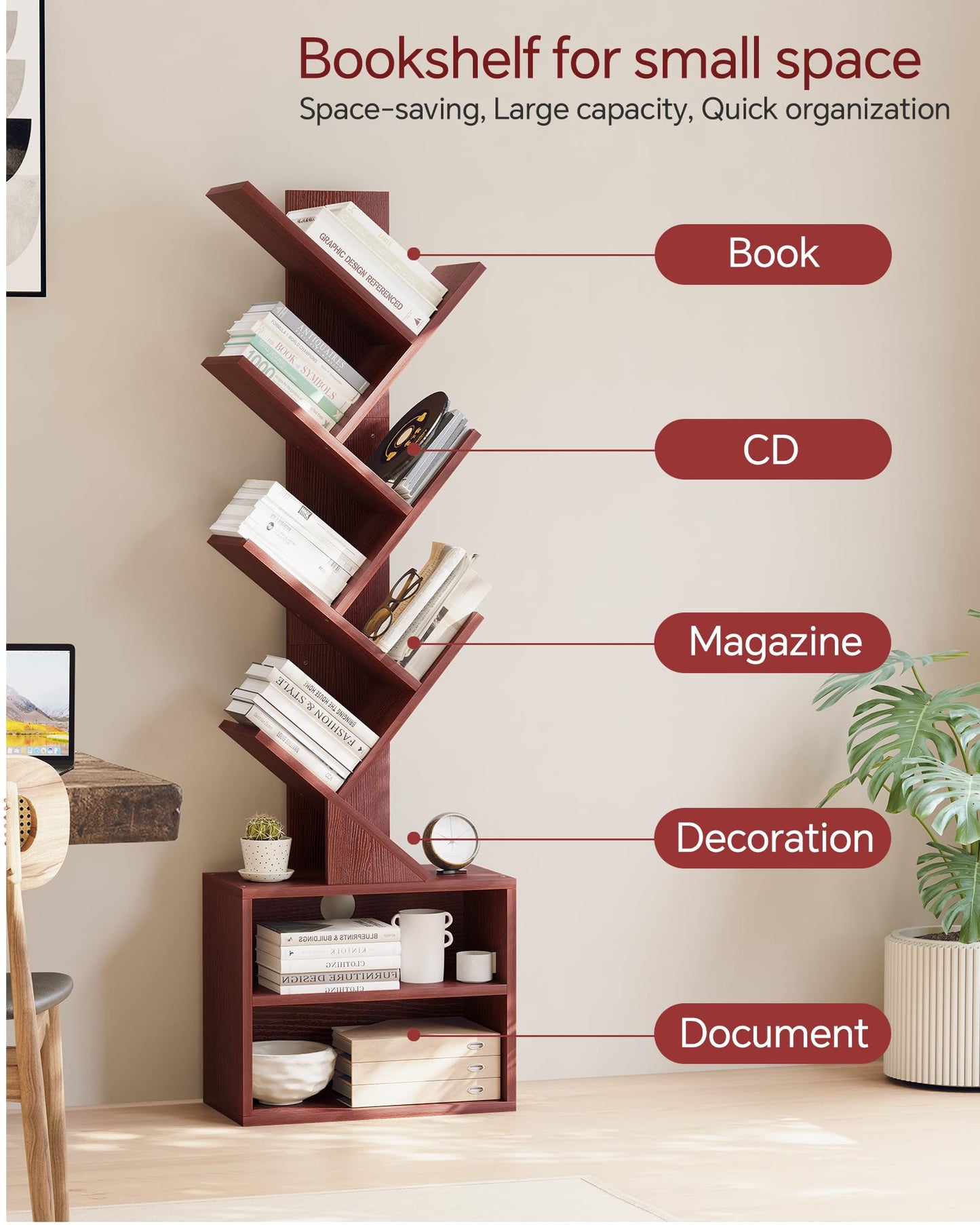 SUNMORY 6 Tier Tree Bookshelf, Tall Bookcase with Storage Cabinet, Modern Narrow Bookshelves Organizer, Floor Standing Book Shelf for Bedroom/Living Room/Home Office/Corner, Cherry