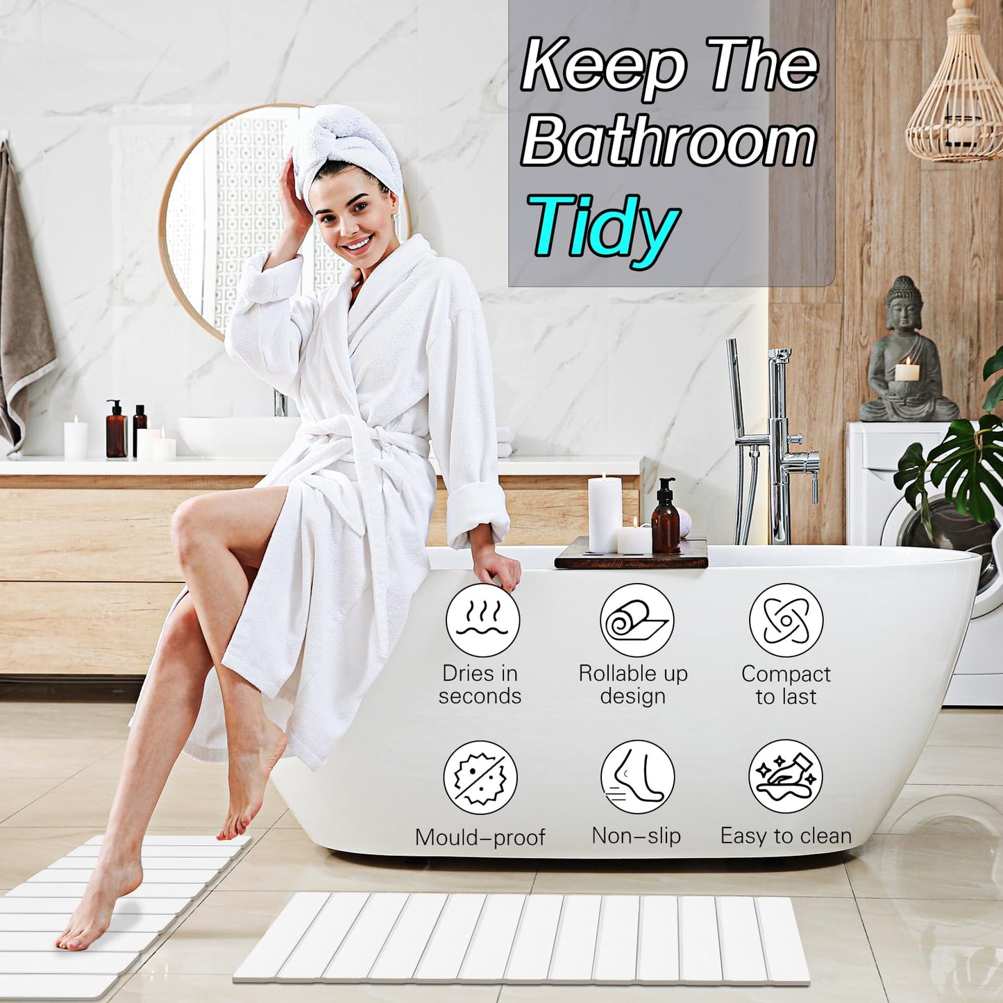 Setguopal 2 Pack Foldable Stone Bath Mats, White Super Absorbent Diatomaceous Earth Bath Rug, Non-Slip Shower Mat, Quick-Drying Bath Rug and Drying Mat for Tub and Shower