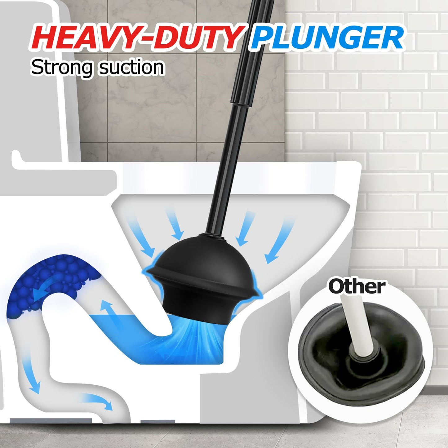 FORASTO 2Pack 2 in 1 Toilet Brush and Plunger Set, Extended Handle Plunger,Toilet Bowl Brush Plunger Set,Bathroom Cleaning Tools,Toilet Brush Plunger Combo,Cleaning Supplies，Bright Black(19.9inch)