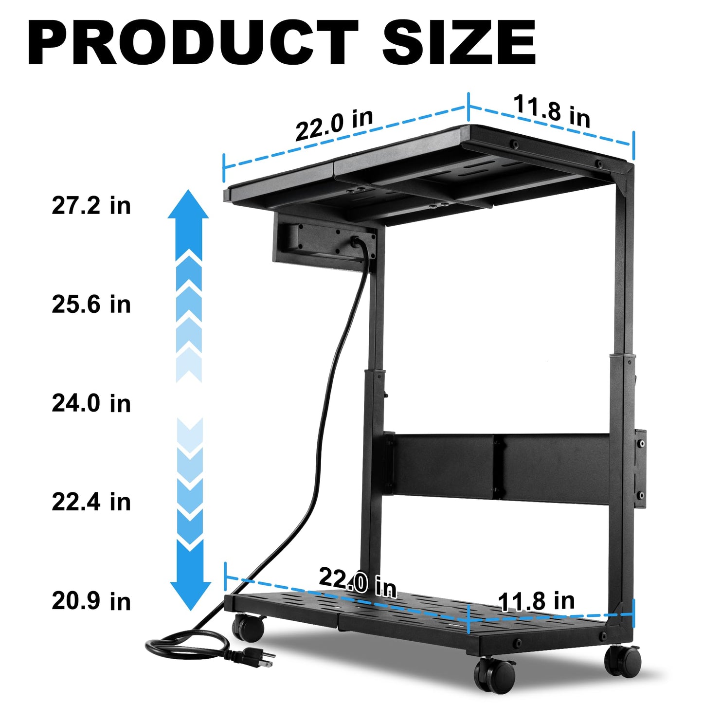 Aquzee PC Stand, Adjustable Computer Tower Stand on Wheels, Heavy Duty Metal Computer Case Cart with Power Strip, Under Desk Rolling PC Holder for Floor Carpet, Gaming Home Office Bedroom, Black