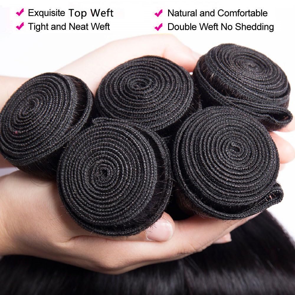 10A Brazilian Straight Human Hair 3 Bundles with Closure 16 18 20+14 Inch 100% Unprocessed Straight Virgin Hair Weave Bundles Human Hair with 4x4 HD Lace Closure