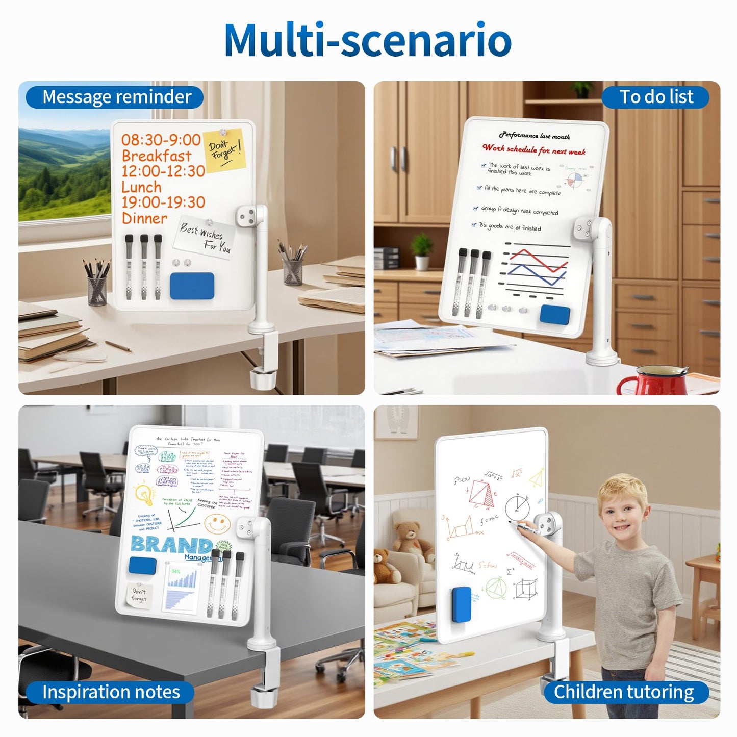 Double-Sided Desk Whiteboard with Dual 360 Swivel - 16" x 12" Clamp-On Desktop Whiteboard for Tables Under 2.3" Thick for Office, Home, School (2pc)