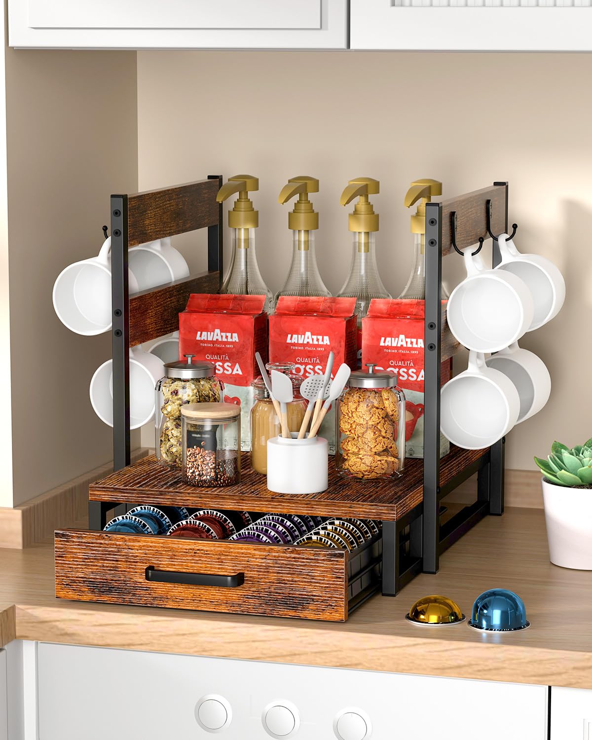 Evermagin Coffee Pod Holder, Vertuo Pod Holder Compatible with Nespresso, 28 Large or 56 Small Nespresso Capsule Organizer Drawer Station with Cup Rack, Rustic Brown