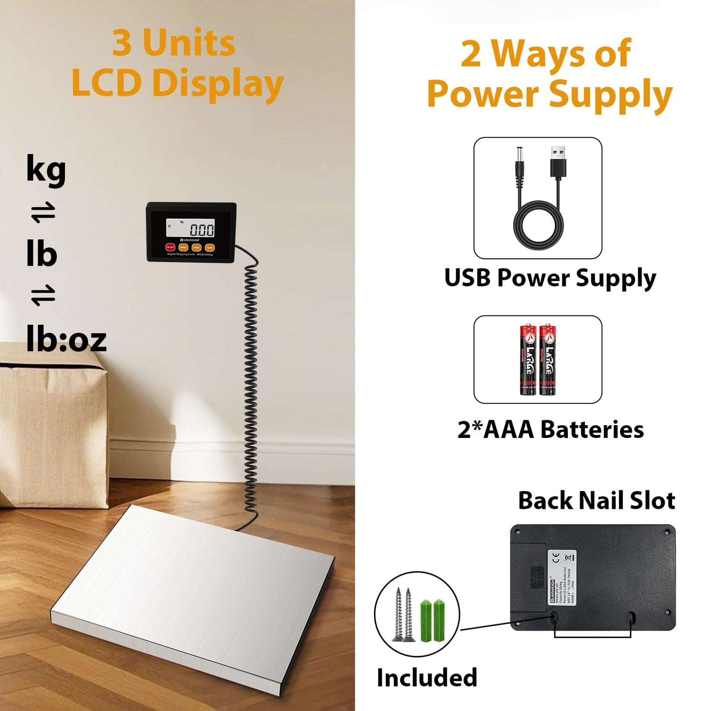UNIWEIGH Digital Postal Scale,440lb x 10g Accuracy Shipping Scale,Stainless Steel Platforms,Heavy Duty Scale with LCD/Hold/Tare Functions,Postage Scale for Packages,Luggage Scale,Battery&USB Included