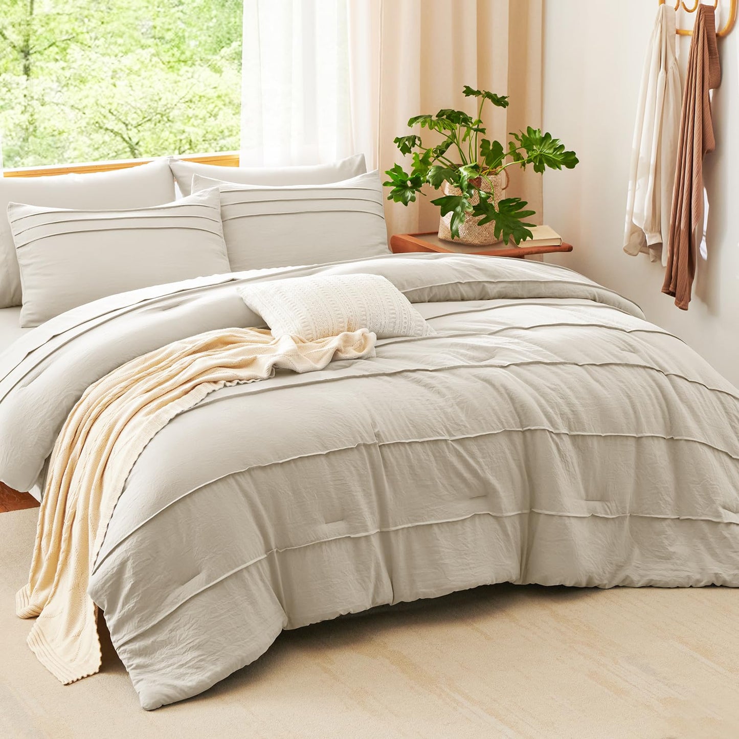 CozyLux Queen Comforter Set Beige, 7 Pieces Soft Pinch Pleat Bed in a Bag Queen Comforter Set with Sheets, Boho Bed Set with Down Alternative Comforter, Sheets, Pillowcases & Shams