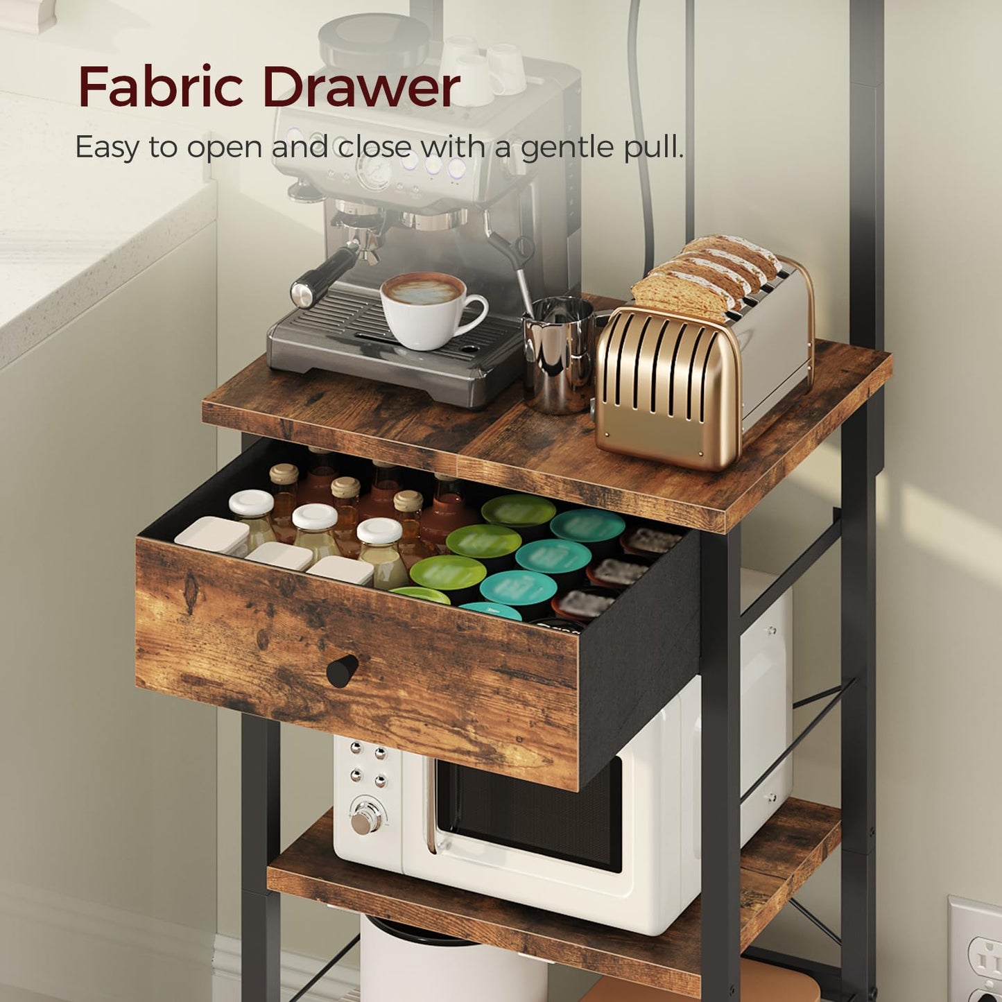 MAHANCRIS Bakers Rack with Drawer, Microwave Stand with Power Outlet, Coffee Bar Station with 4 Hooks, Kitchen Storage Shelf Rack 4 Tiers, for Kitchen, Dining Room, Rustic Brown and Black BRHR48E01