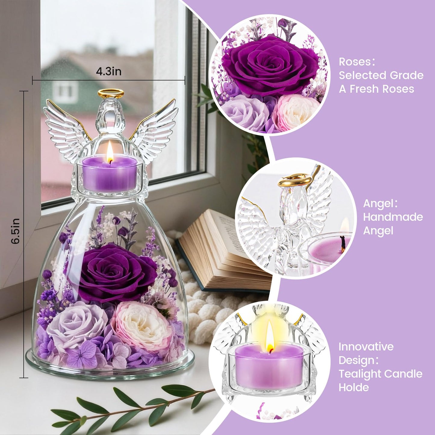 AIMEYE Mothers Day Roses Gifts for Mom, Preserved Roses in Glass Angel Figurines with Tealight Candle Holder,Fresh Flowers for Delivery,Mothers Day Flowers Gifts for Grandma Women Wife from Daughter
