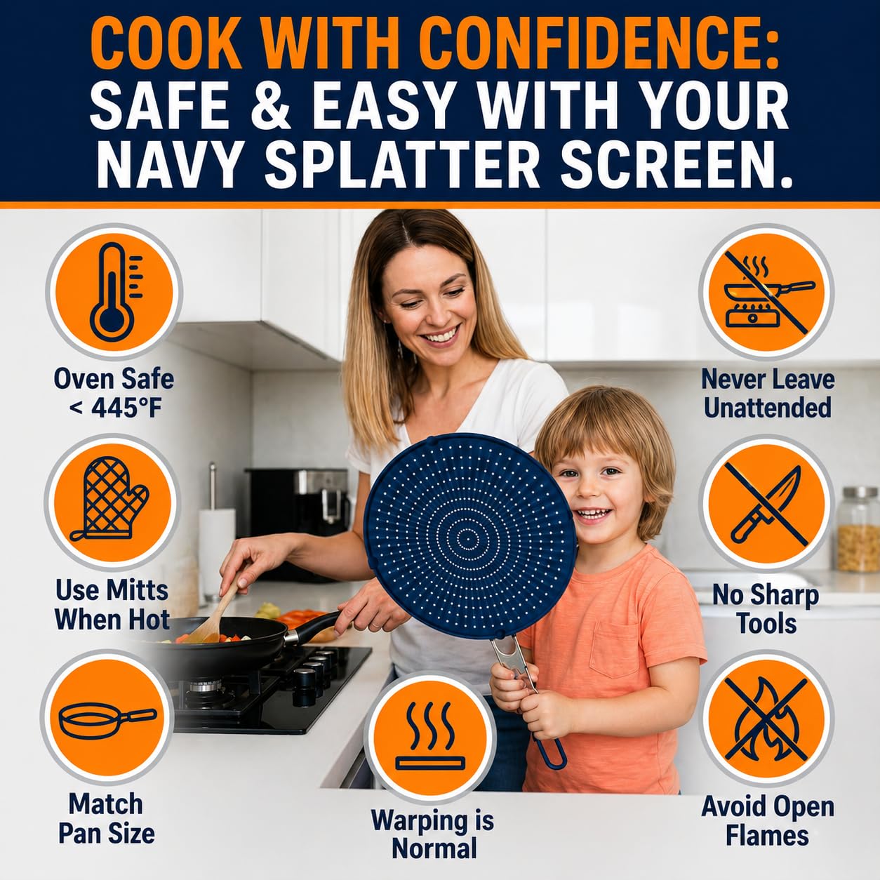 Silicone Splatter Screen for Frying Pan, 13” Navy – Grease & Oil Splatter Guard, Heat Resistant, Dishwasher Safe, Foldable Handle with Sleeves – Splash Guard Fits 10–12” Pans, Most 13” Skillets