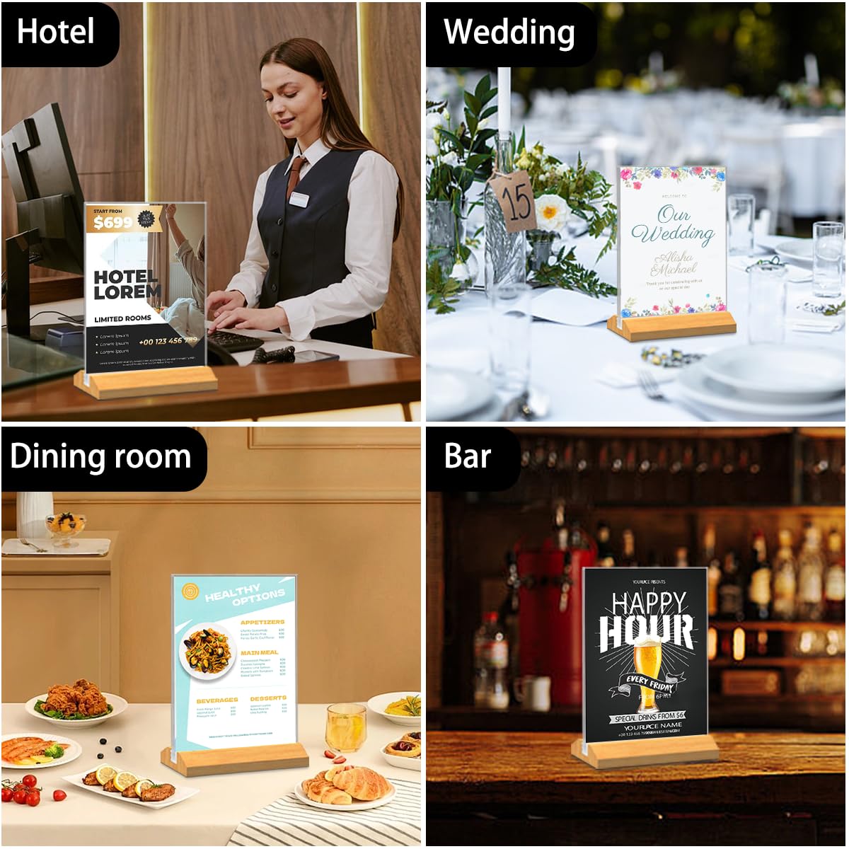 QLKGWEA 10 Pack Acrylic Sign Holder 8.5 x 11 Inch with Wood Base,Signs Stand for Menu Flyer Display, Table Clear Plastic T Shape Holder for Stores, Restaurants, Hotels, Office