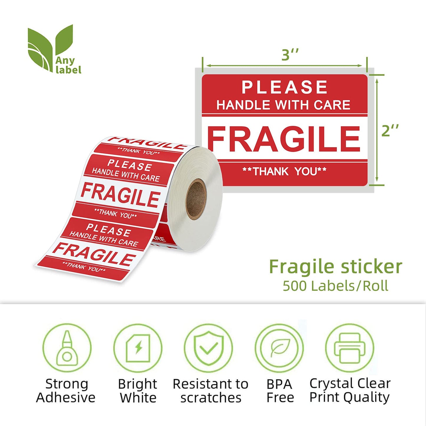 Anylabel 3 x 2 inch Handle with Care Fragile Thank You Warning Packing Shipping Label Stickers Permanent Adhesive (12 Rolls, 6000 Labels)