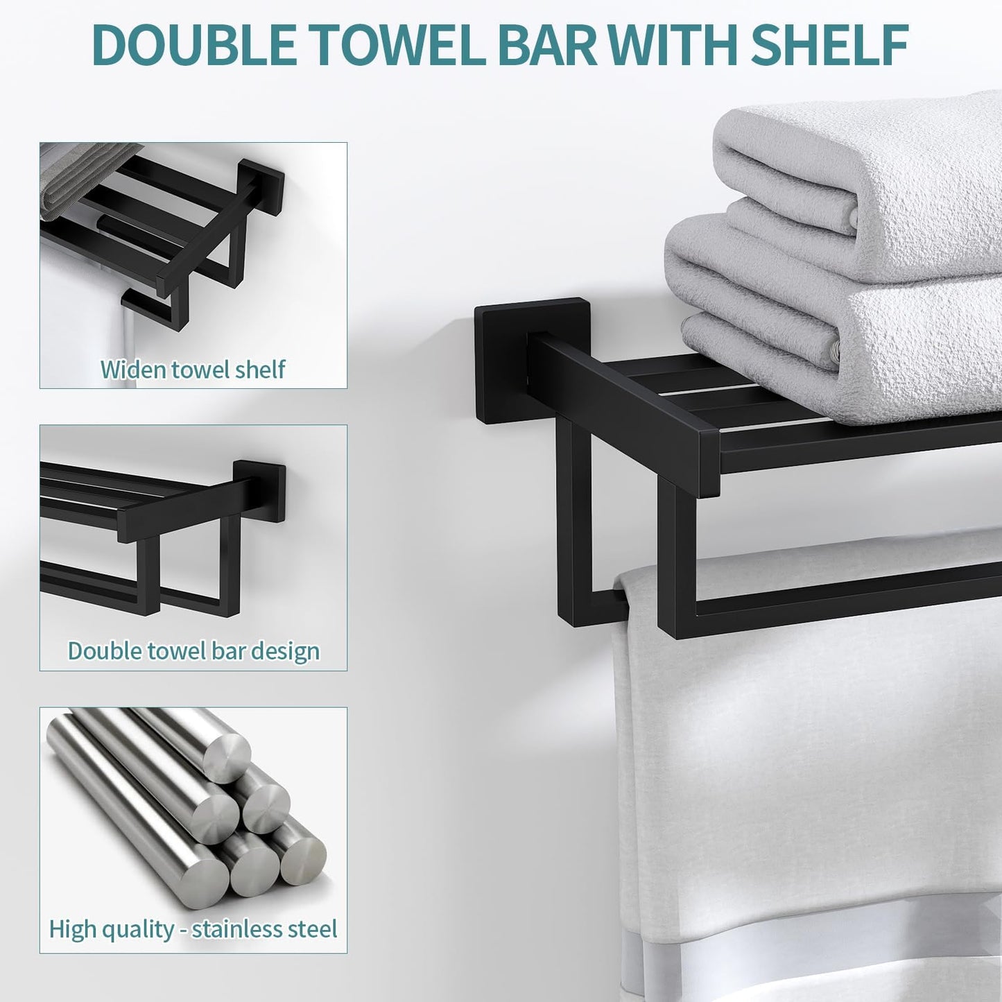 Towel Racks for Bathroom Wall Mounted, 24 Inch Double Towel Bar, Dual Towel Rack with Shelf, Stainless Steel Hand Towel Hanger, Bath Towel Holder for Wall, Black