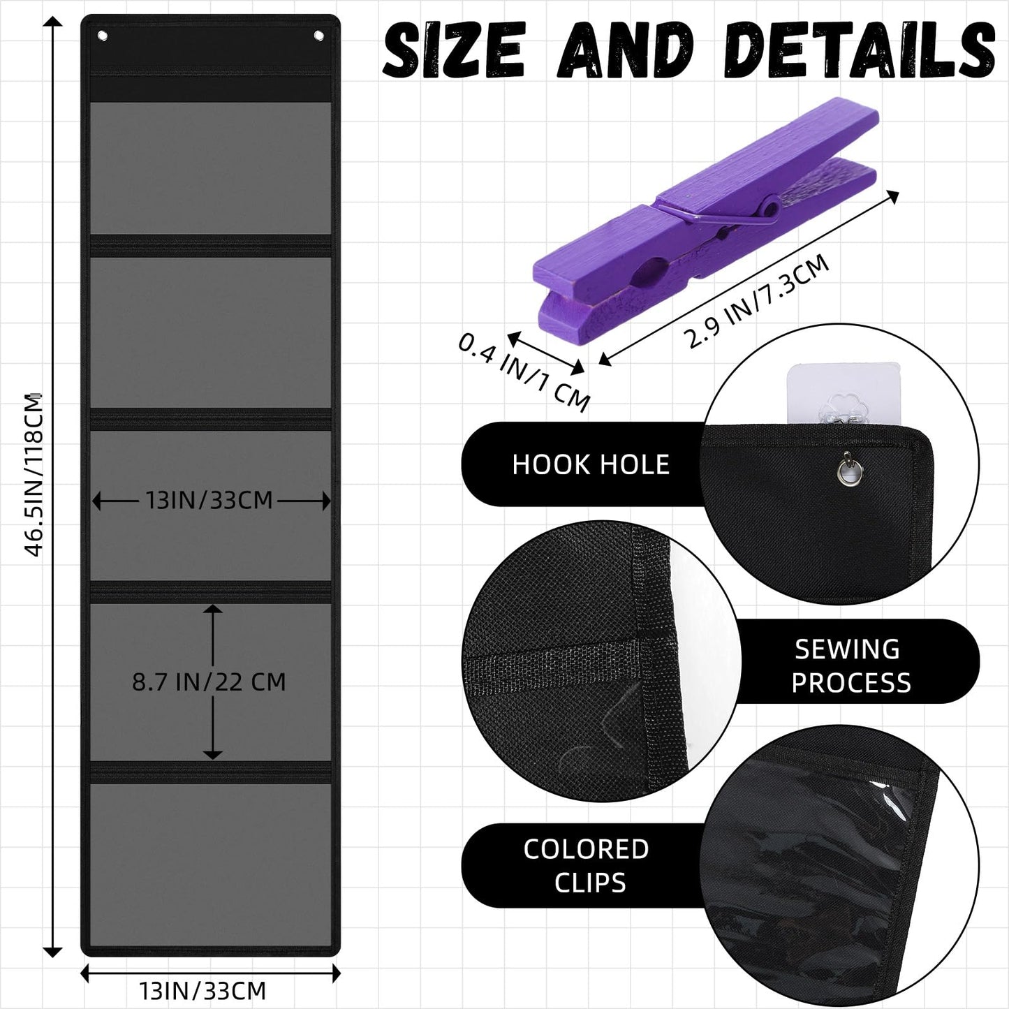 MotiMind 52 Pcs Student Behavior Clip Chart for Classroom, Black 5 Pockets Storage Pocket Chart with Wooden Clips for Operation Christmas Items Demonstrations Teacher Office Organization