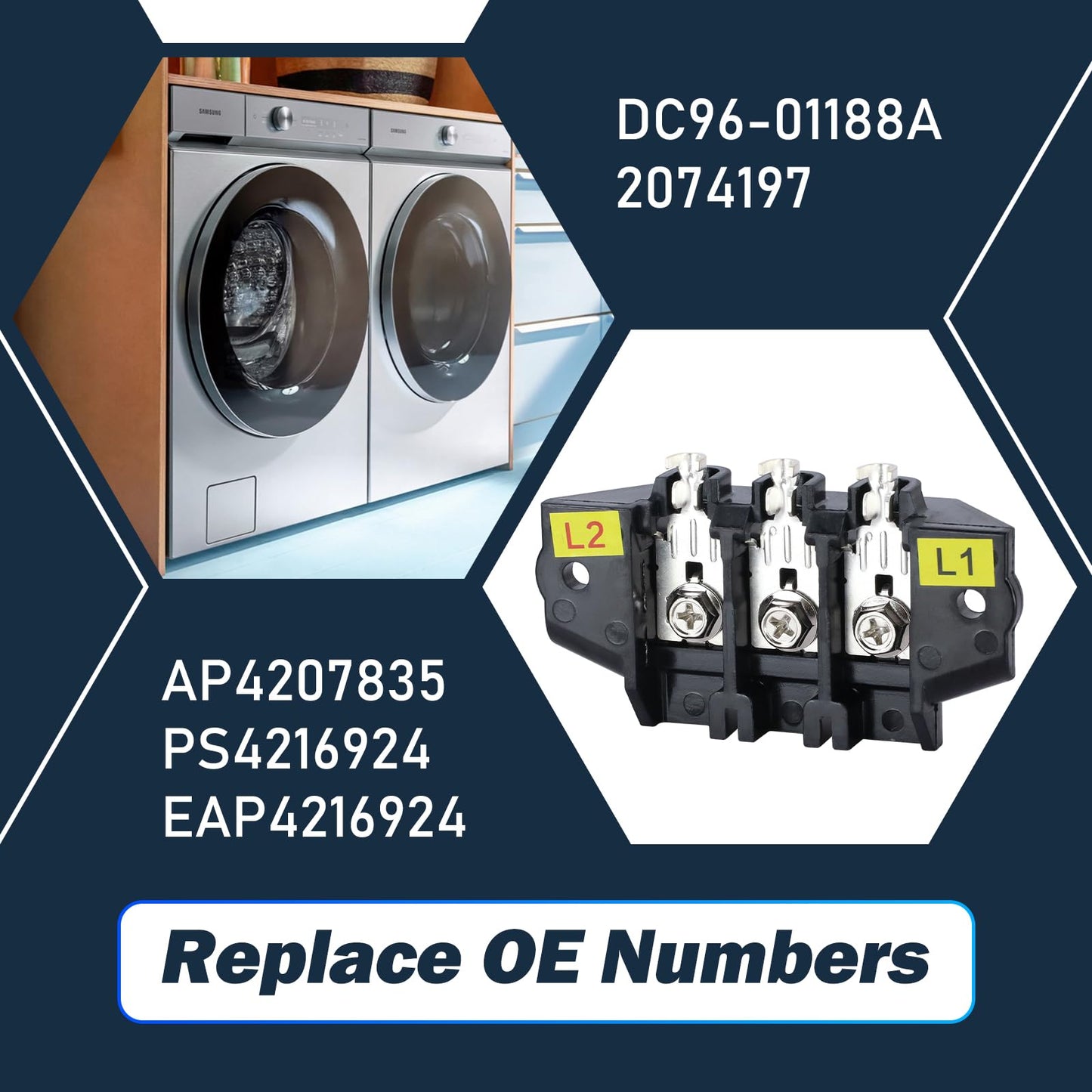DC96-01188A Dryer Terminal Block Fit for Samsung MDE9700 DV448AEP/XAA DVE53BB8700T Dryer Models Replace# AP4207835 PS4216924 2074197