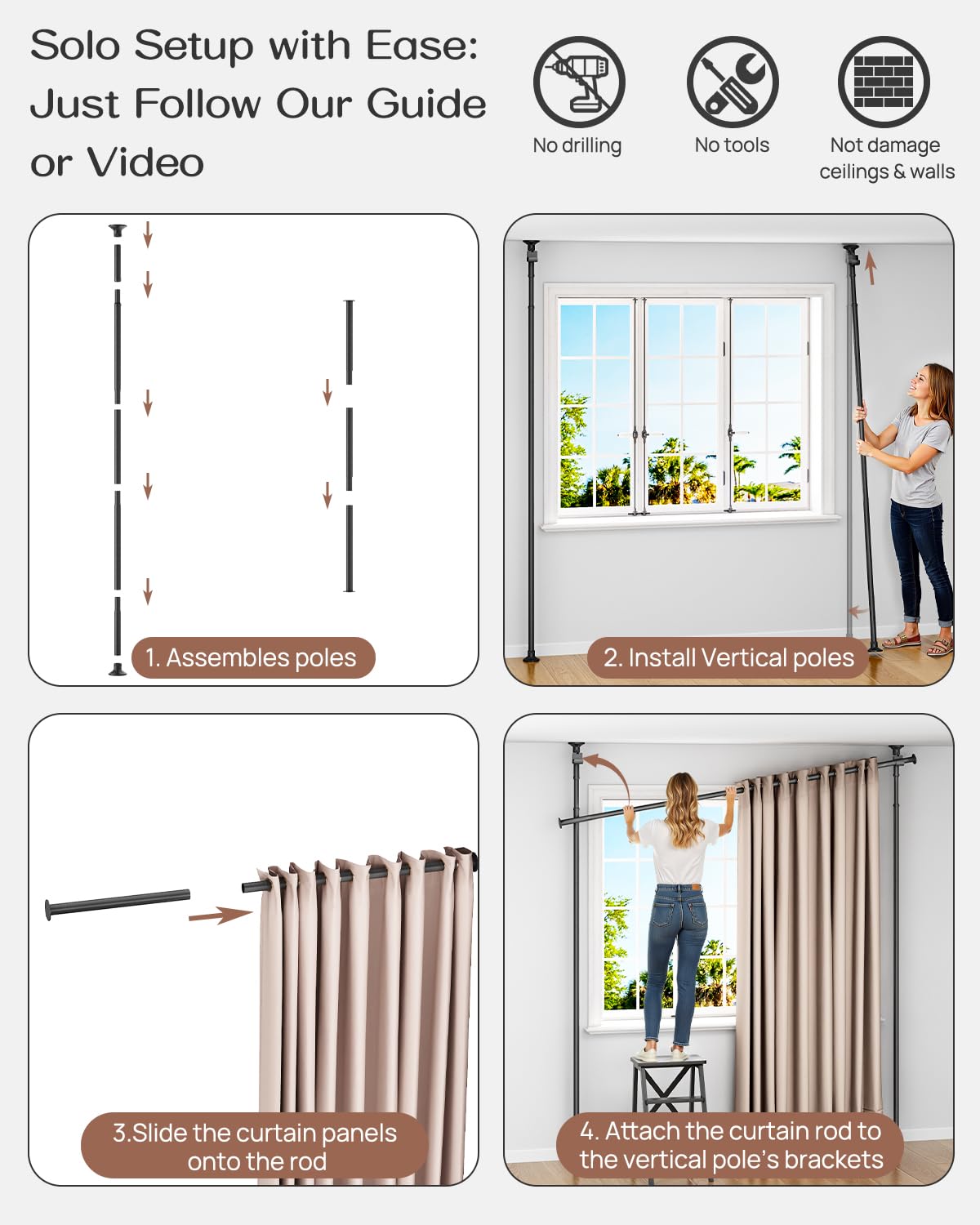 ALLZONE Tension Curtain Rods for Windows, Adjustable 31 to 135 Inch Wide, Freestanding Curtain Rods No Drilling, Apartment Renter Friendly, Heavy Duty, for Room Divider, Doorway, 63 to 130 Inches Tall