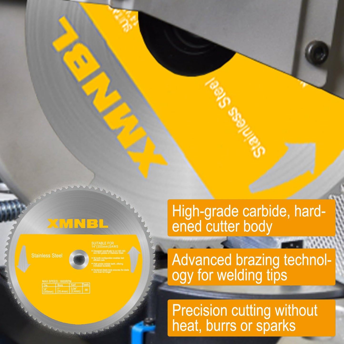 14 Inch Stainless Steel Cutting Saw Blade,Replacement for Evolution 14 Inch Metal Saw Blade,Compatible with Evolution S355CPS S355CPSL S380CPS Metal Cutting Saws,14 x 90 Teeth,1 Inch Center Shaft